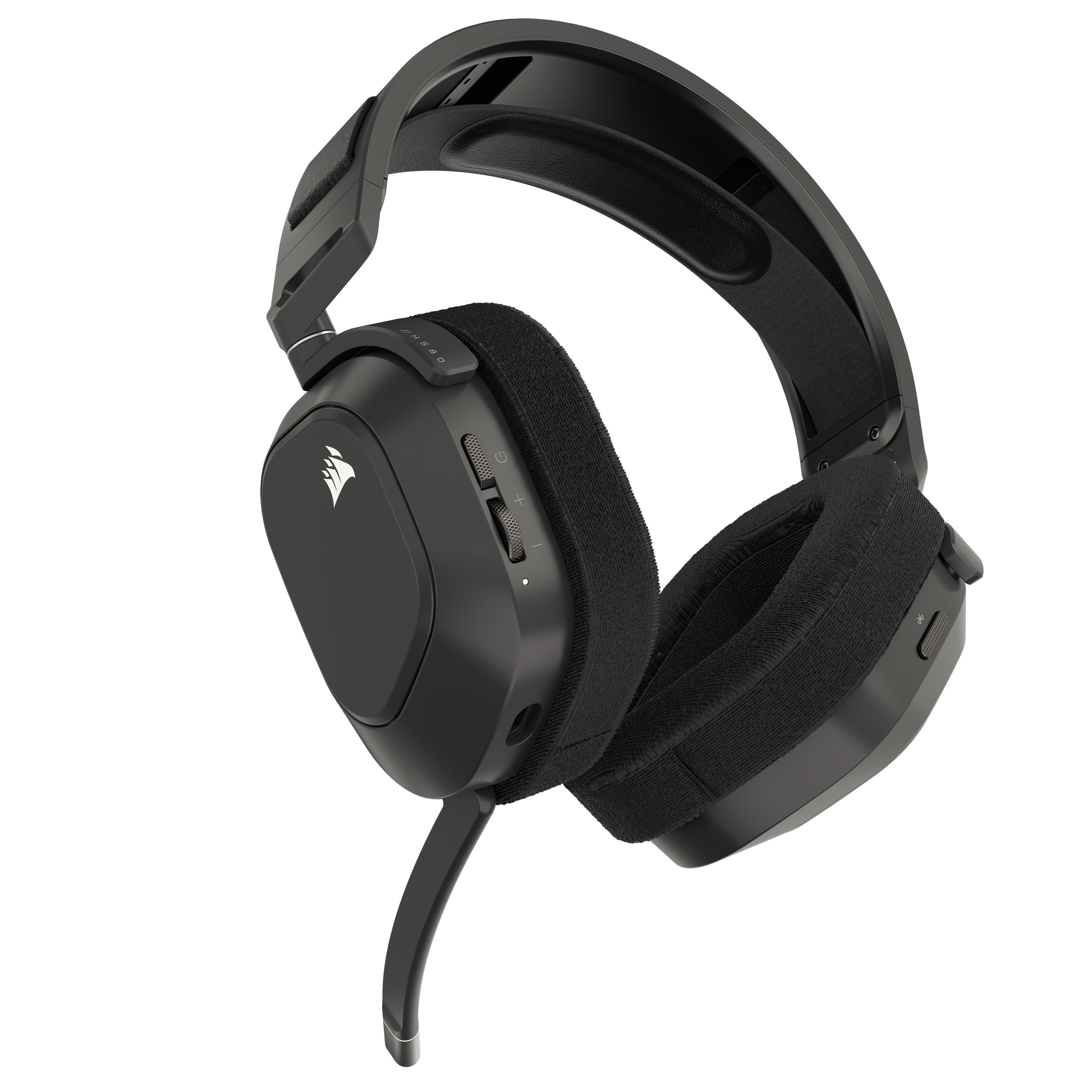 Czarny zestaw słuchawkowy dla graczy z mikrofonem, na czarnym tle.