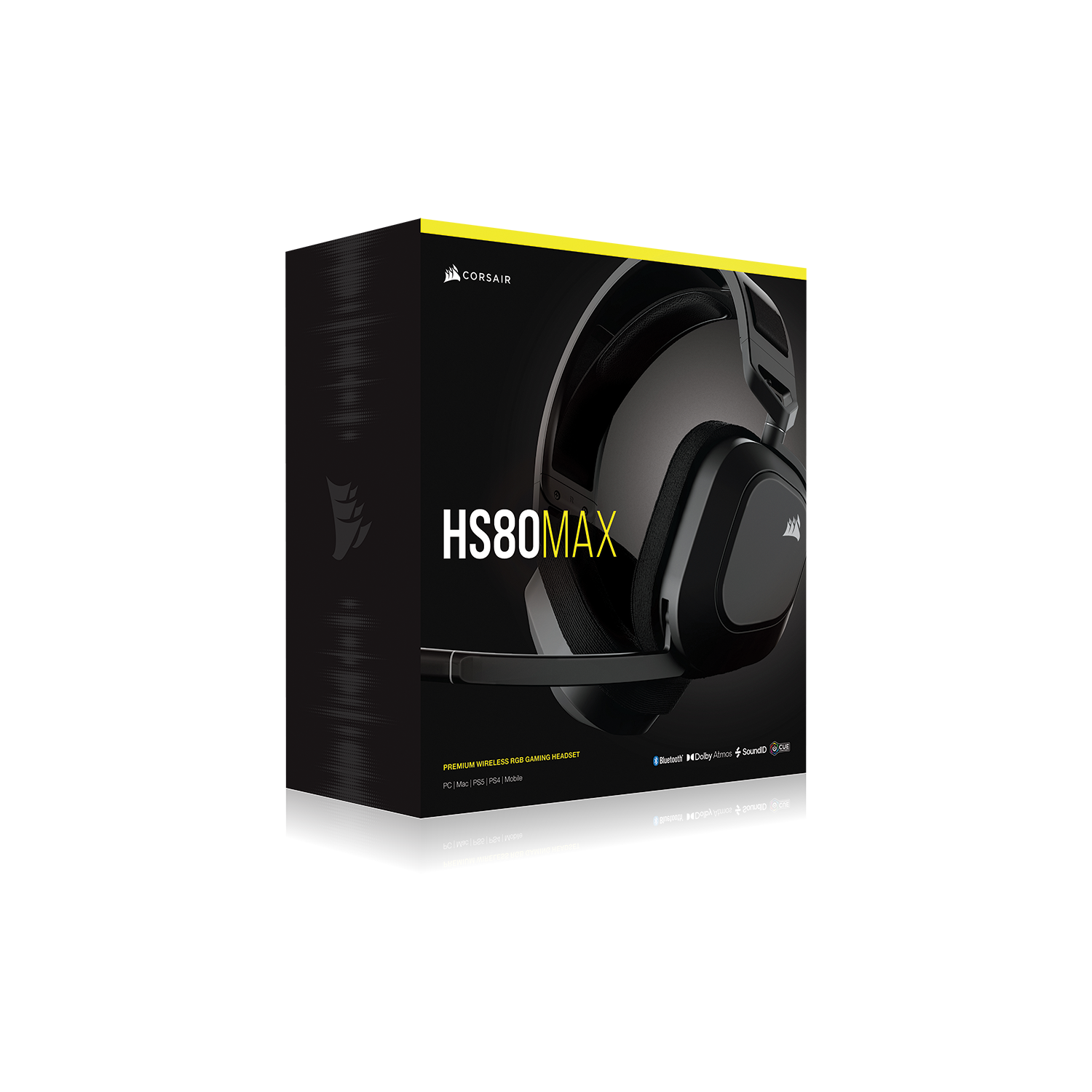 Czarne pudełko słuchawek z logo Corsair, zdjęcie produktu HS80MAX, czarno-szary design.