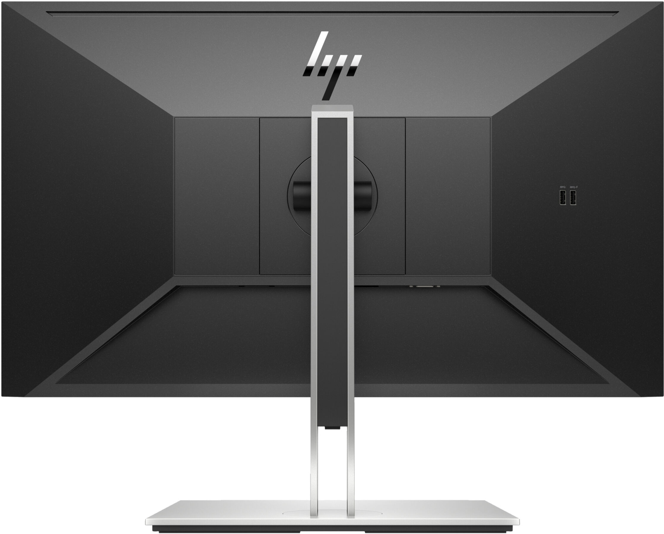 The back of a black computer monitor with the HP logo, a central stand, and ports at the bottom.