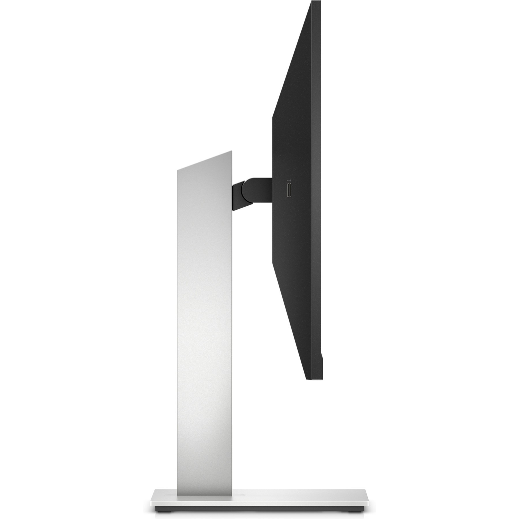 A side view of a computer monitor with a silver stand and a black screen.