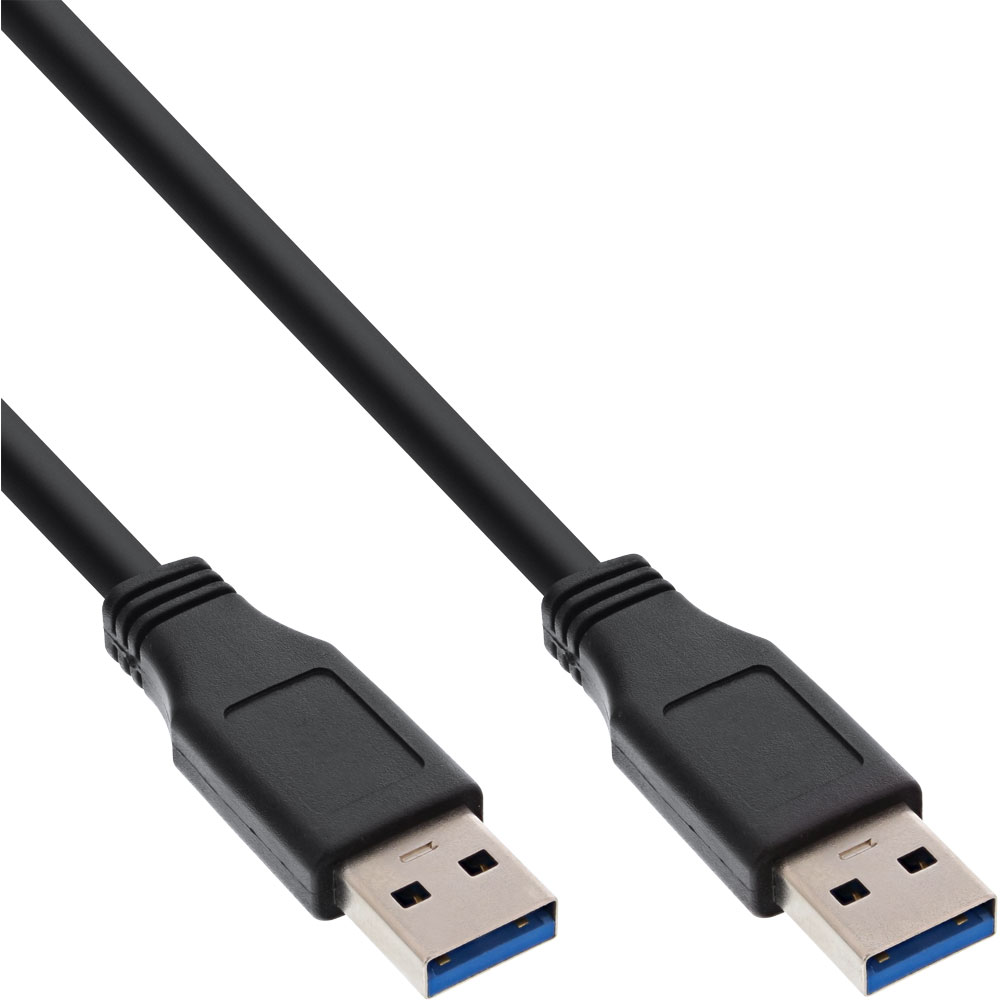 Câble USB noir avec extrémité bleue, sur fond blanc.