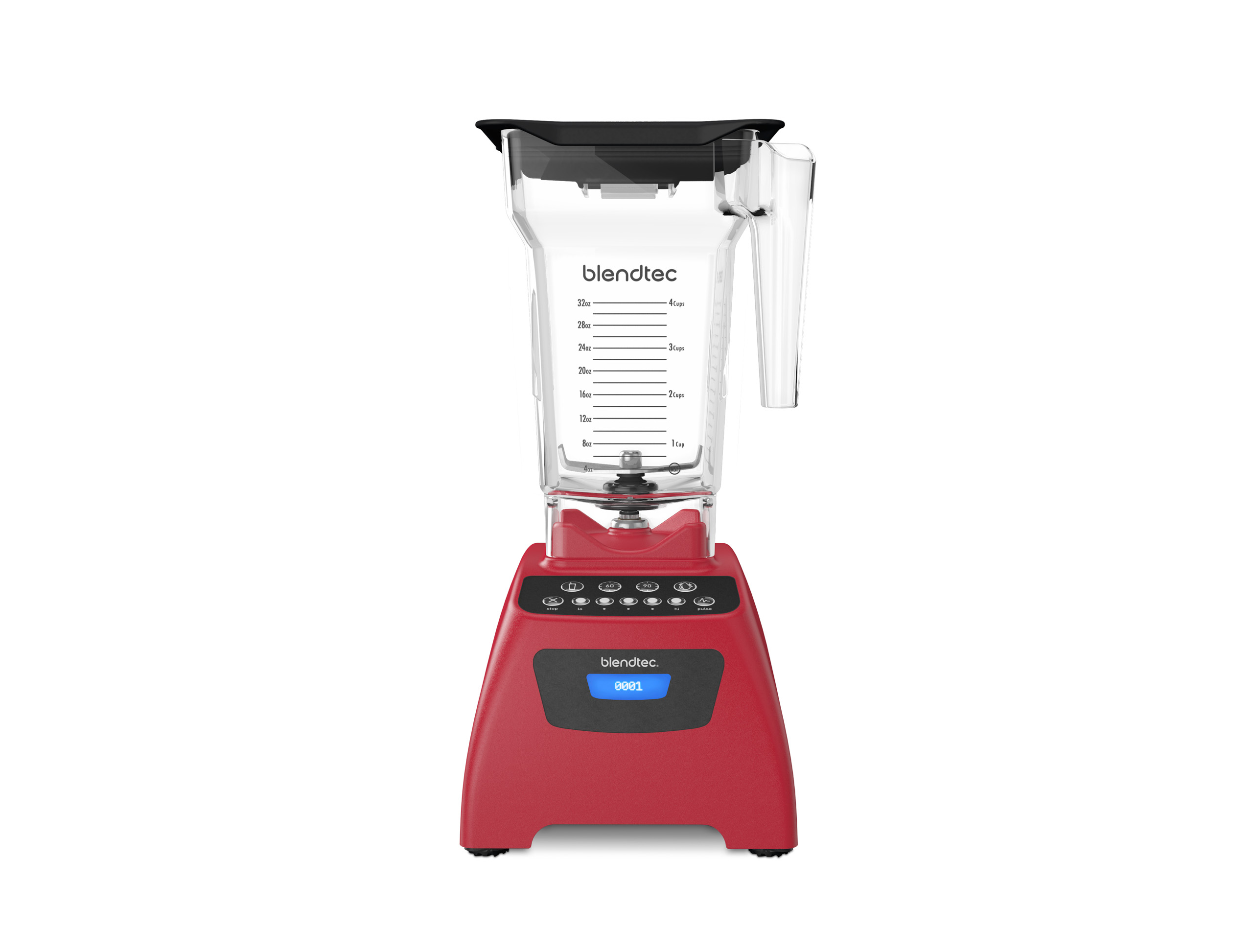 Frullatore Blendtec rosso su bianco, con caraffa trasparente e coperchio nero.