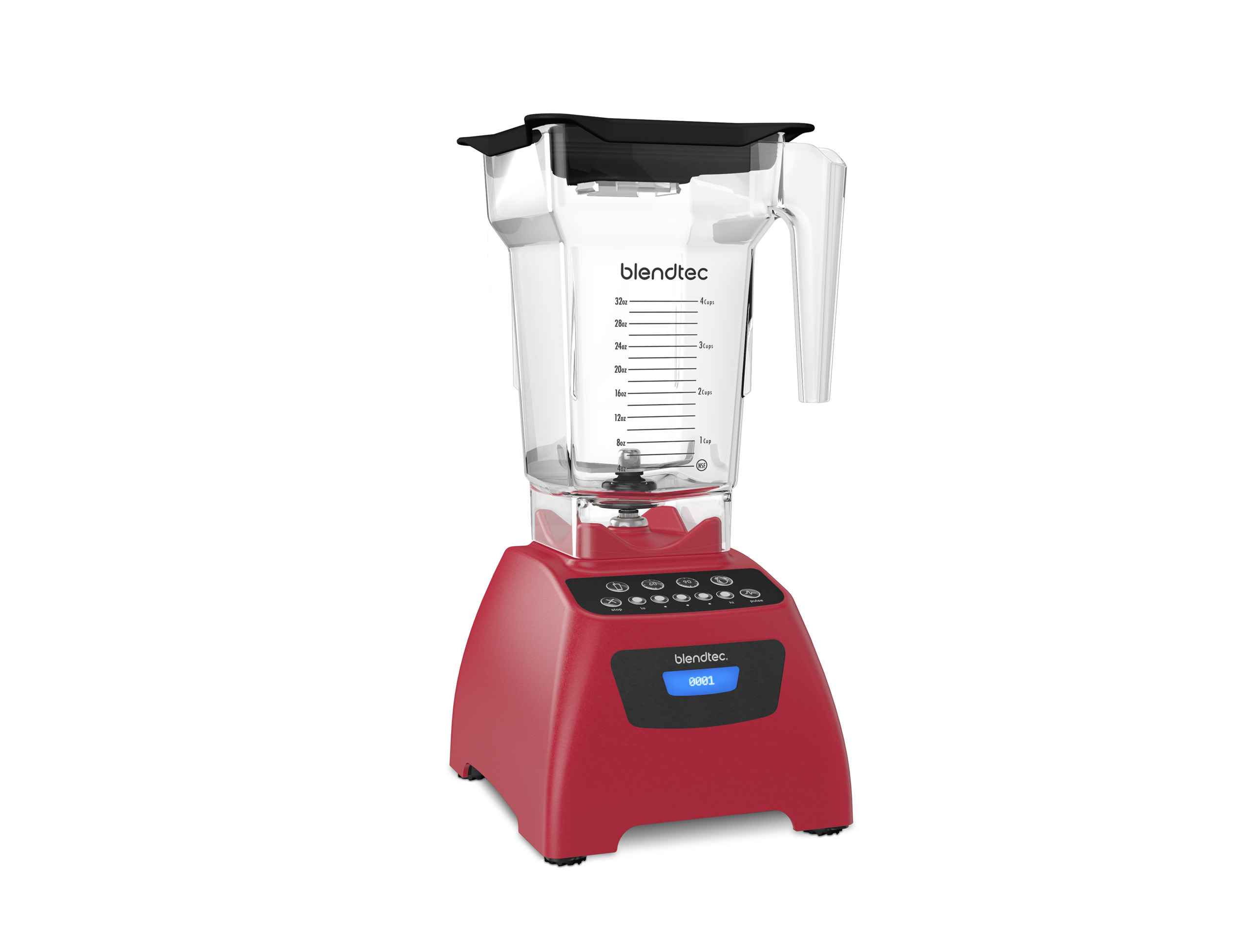 Un frullatore Blendtec rosso con contenitore trasparente e coperchio nero. La base ha un display e pulsanti.