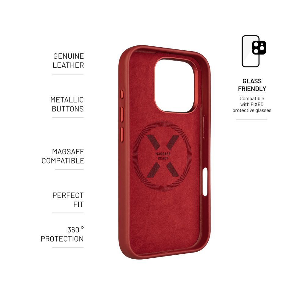 Rote Telefonhülle mit Textetiketten und Logo. Merkmale: echtes Leder, Metallknöpfe.