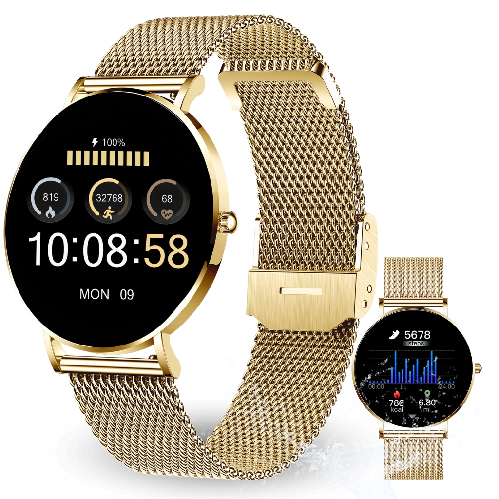 Goldene Smartwatch mit Mesh-Armband, zeigt Daten, mit separatem Bild.