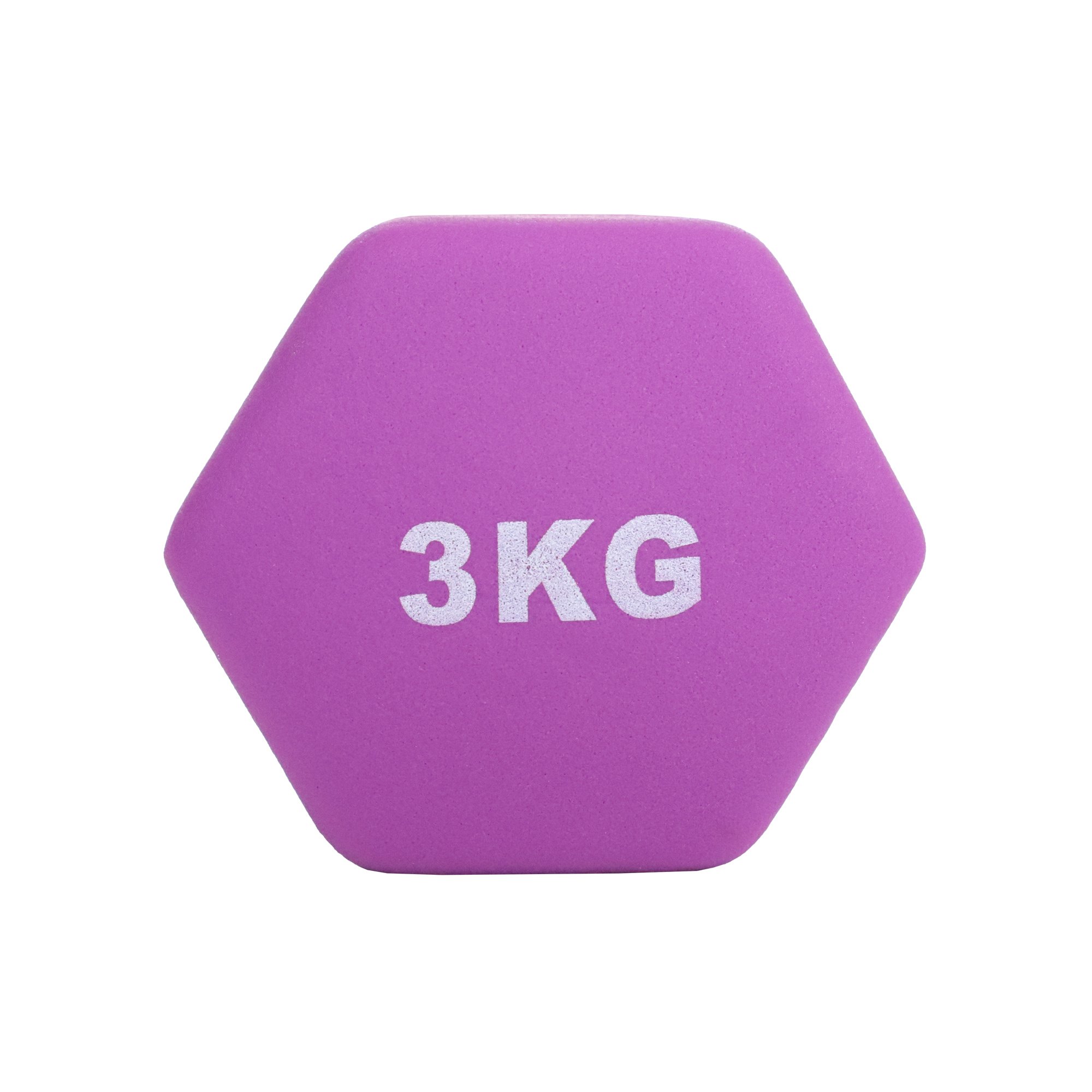 Sześciokątna hantla, fioletowa, z białym napisem '3KG'.