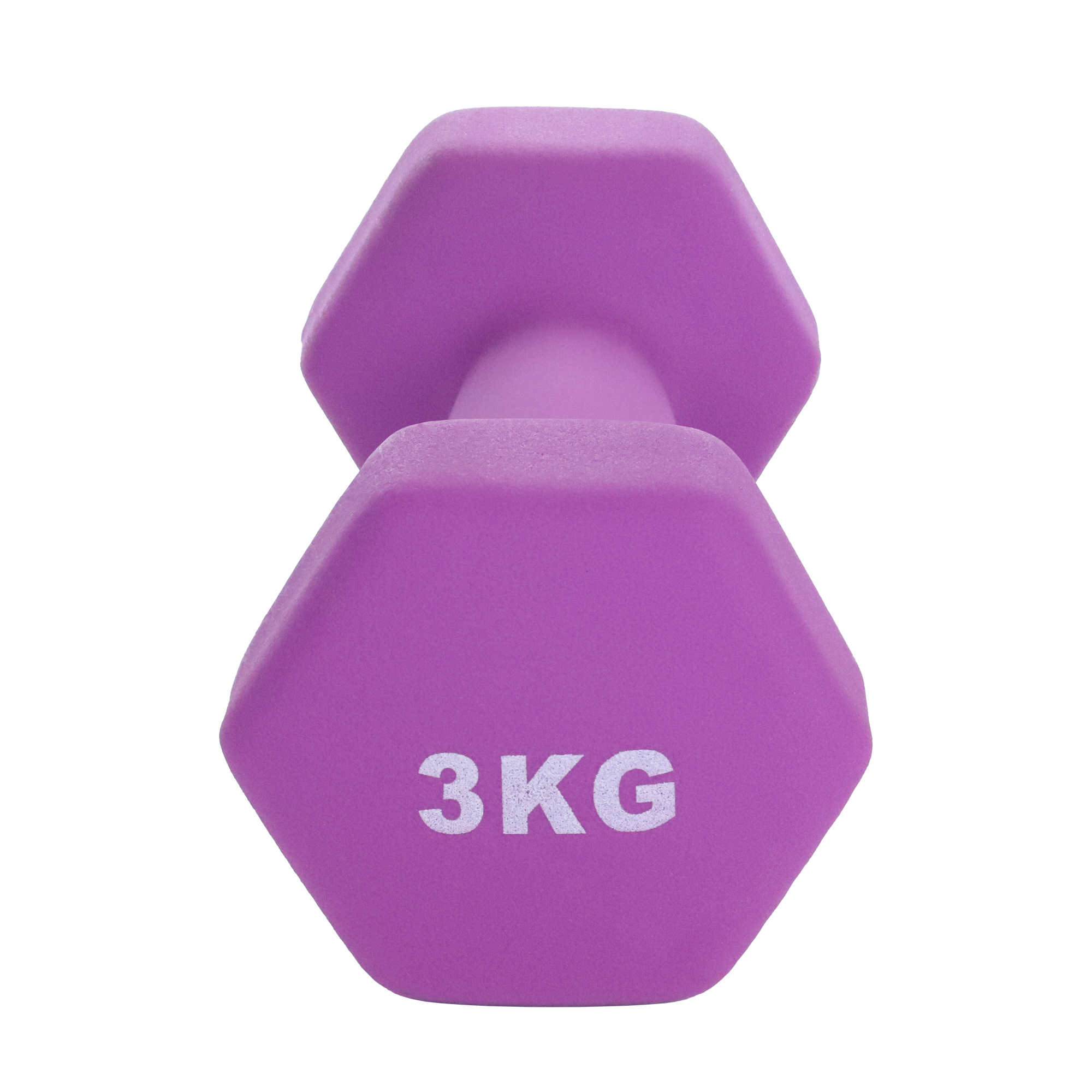 Fioletowa hantla. Tekst "3KG" jest wydrukowany na jednej z sześciokątnych stron.