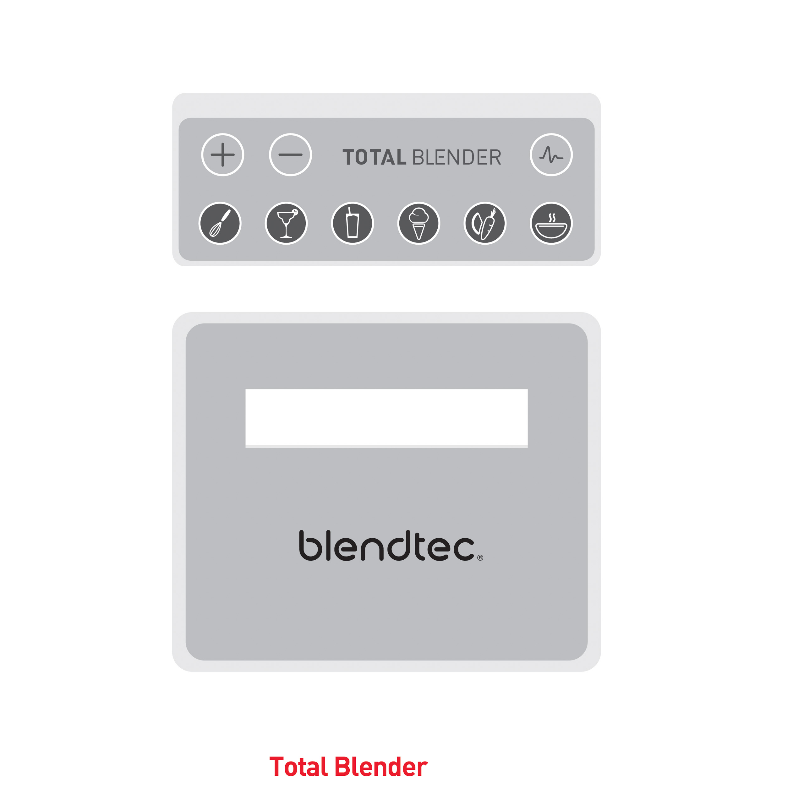 Pannello di controllo Total Blender con pulsanti e icone, e logo Blendtec sotto.