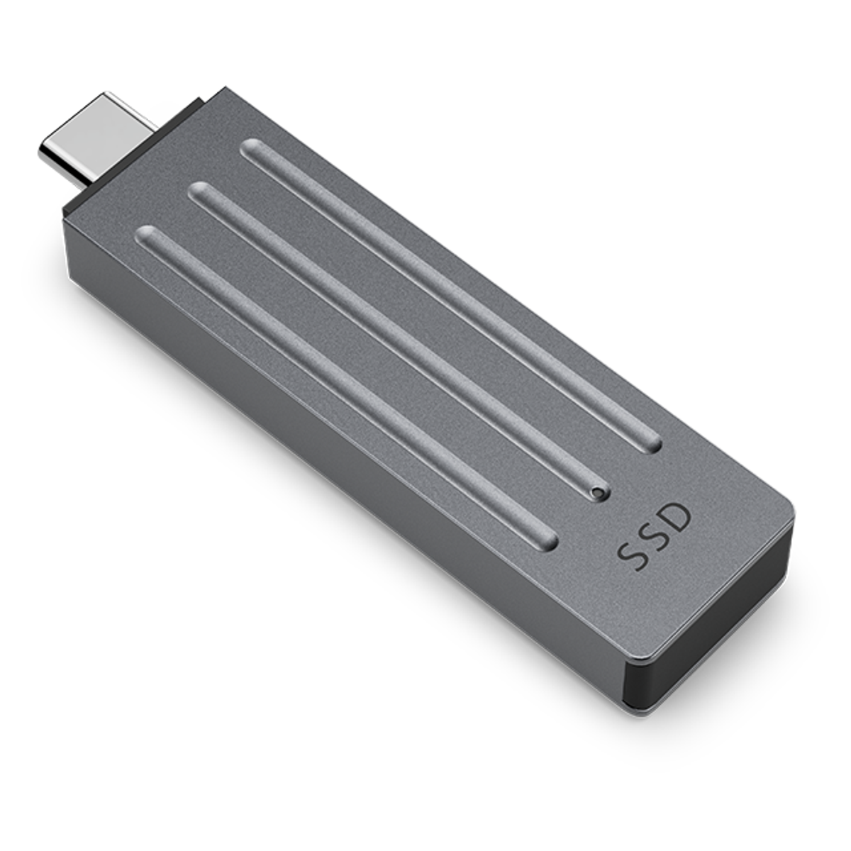 Szary dysk SSD z trzema rowkami i złączem USB-C. Białe tło, zbliżenie.