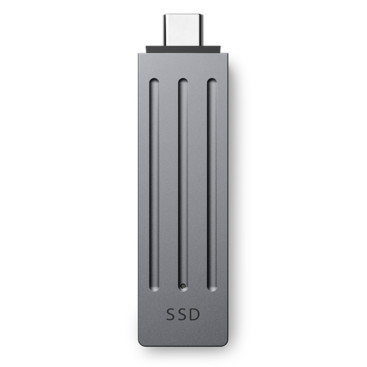 Szary dysk SSD z trzema pionowymi rowkami, złączem USB-C i tekstem 'SSD'.