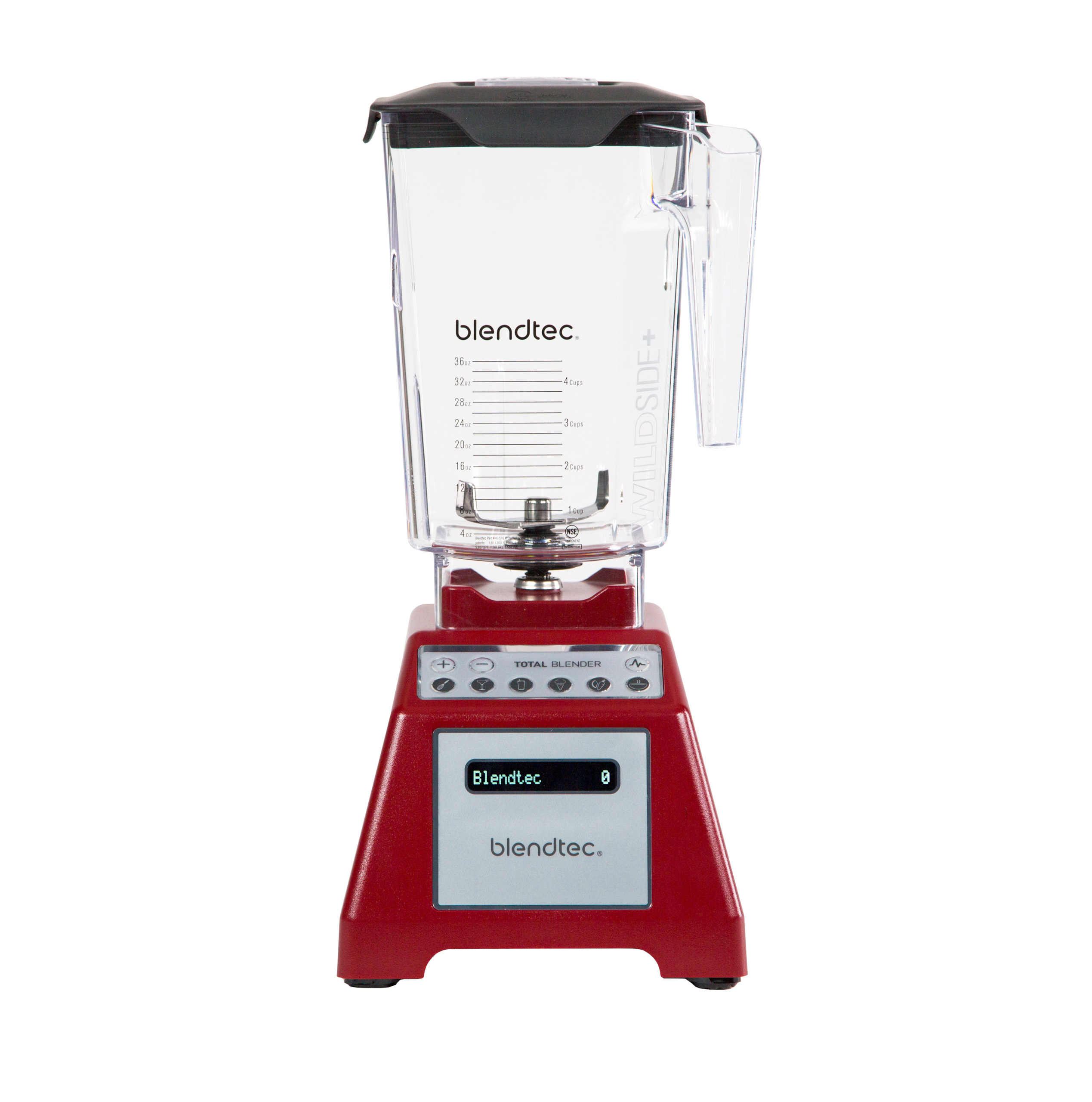 Frullatore Blendtec rosso con display che mostra 0, con contenitore trasparente, su sfondo bianco.
