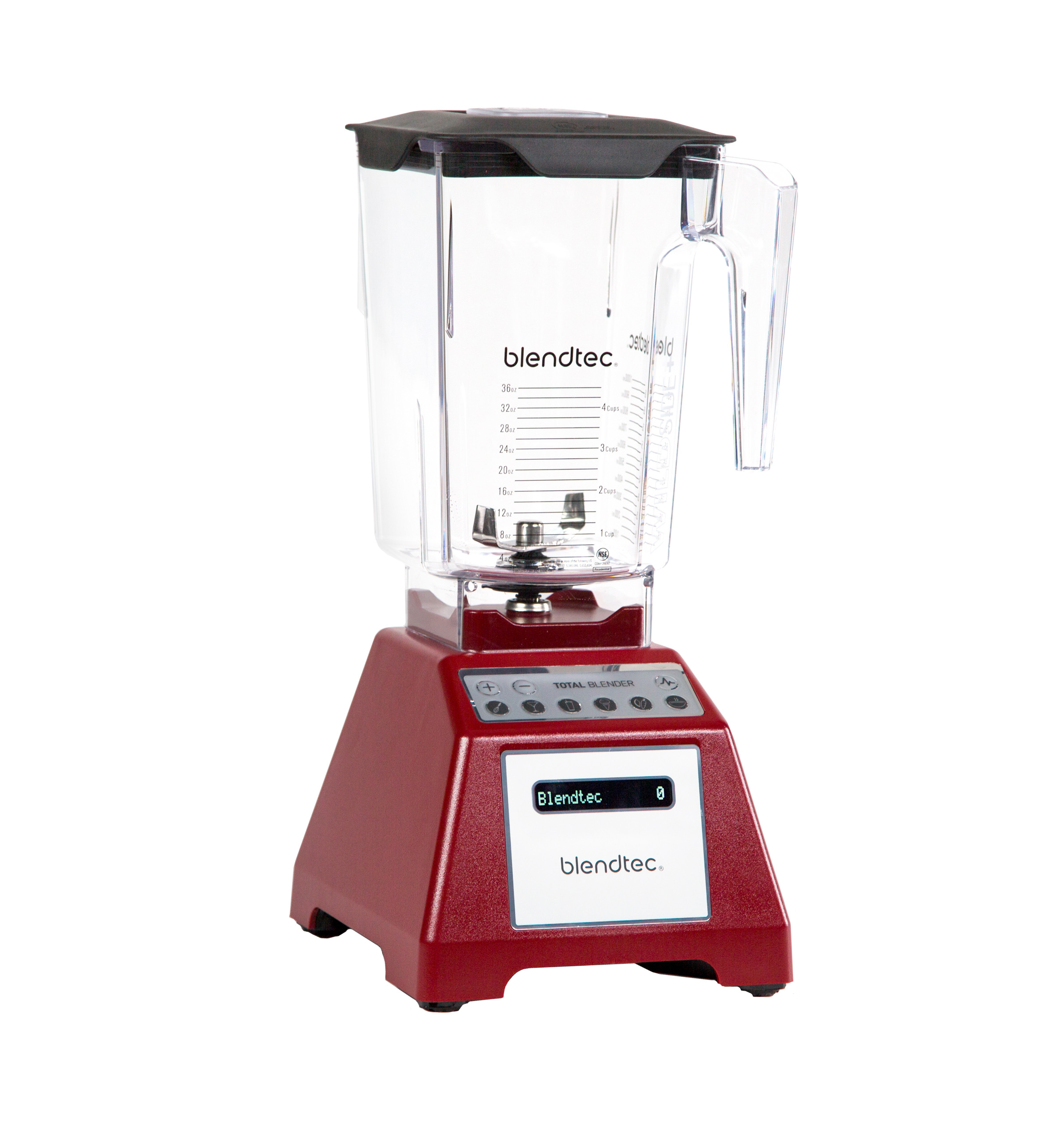 Frullatore rosso con contenitore trasparente, pulsanti e display, su sfondo bianco.