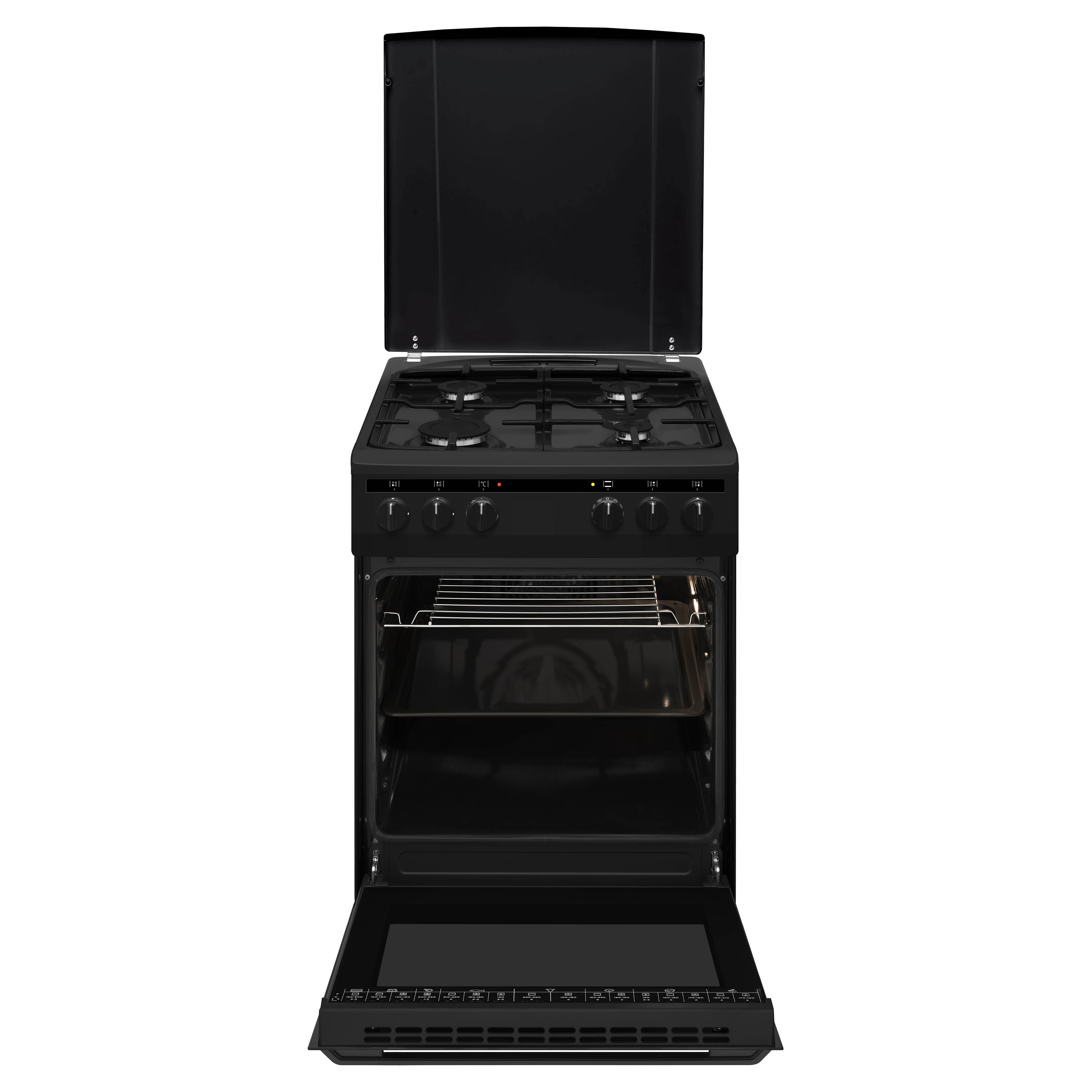 Zwarte oven, deuren open. Rekken en branders zijn zichtbaar.