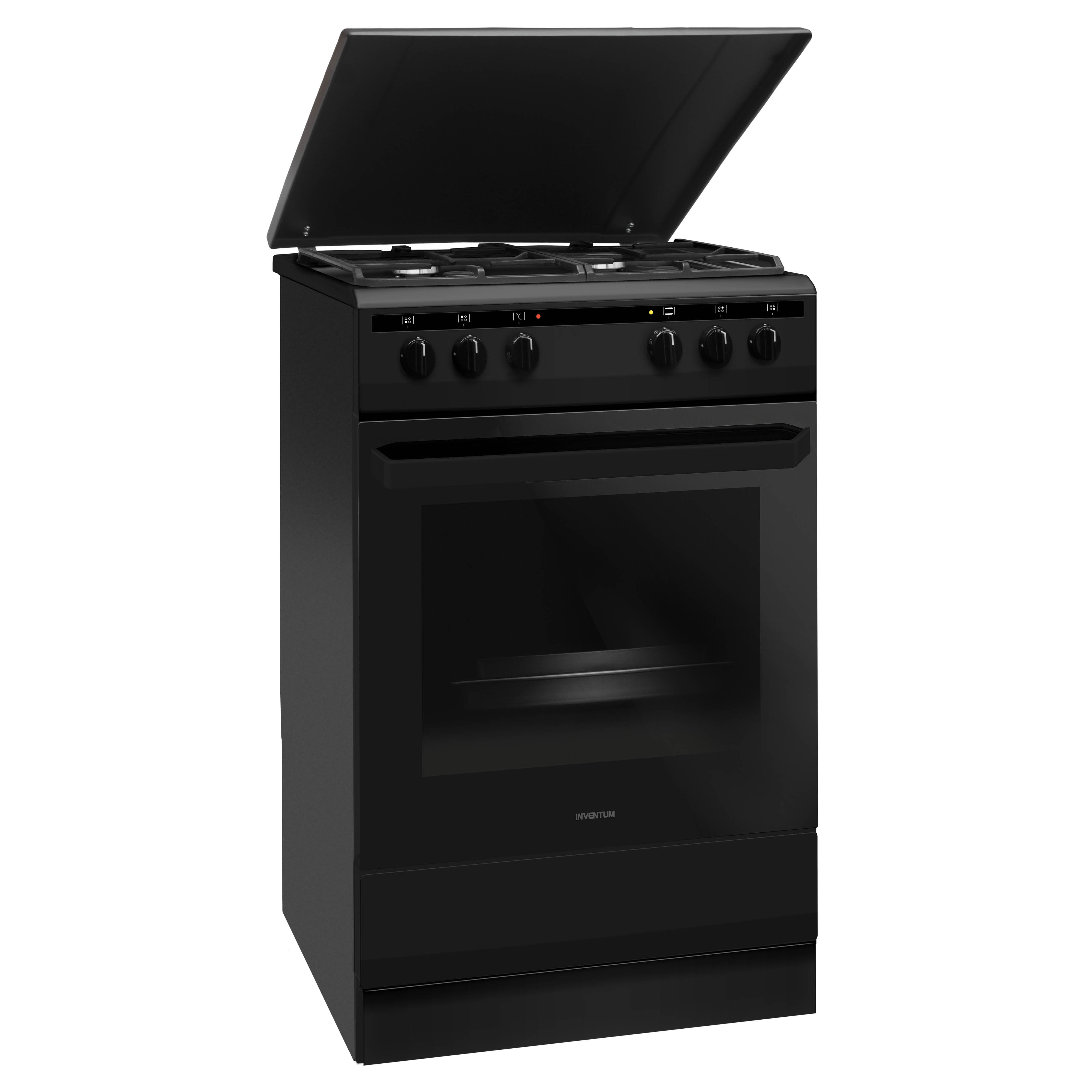 Een zwart fornuis met een geopende ovendeur. De bovenkant heeft branders en bedieningsknoppen.