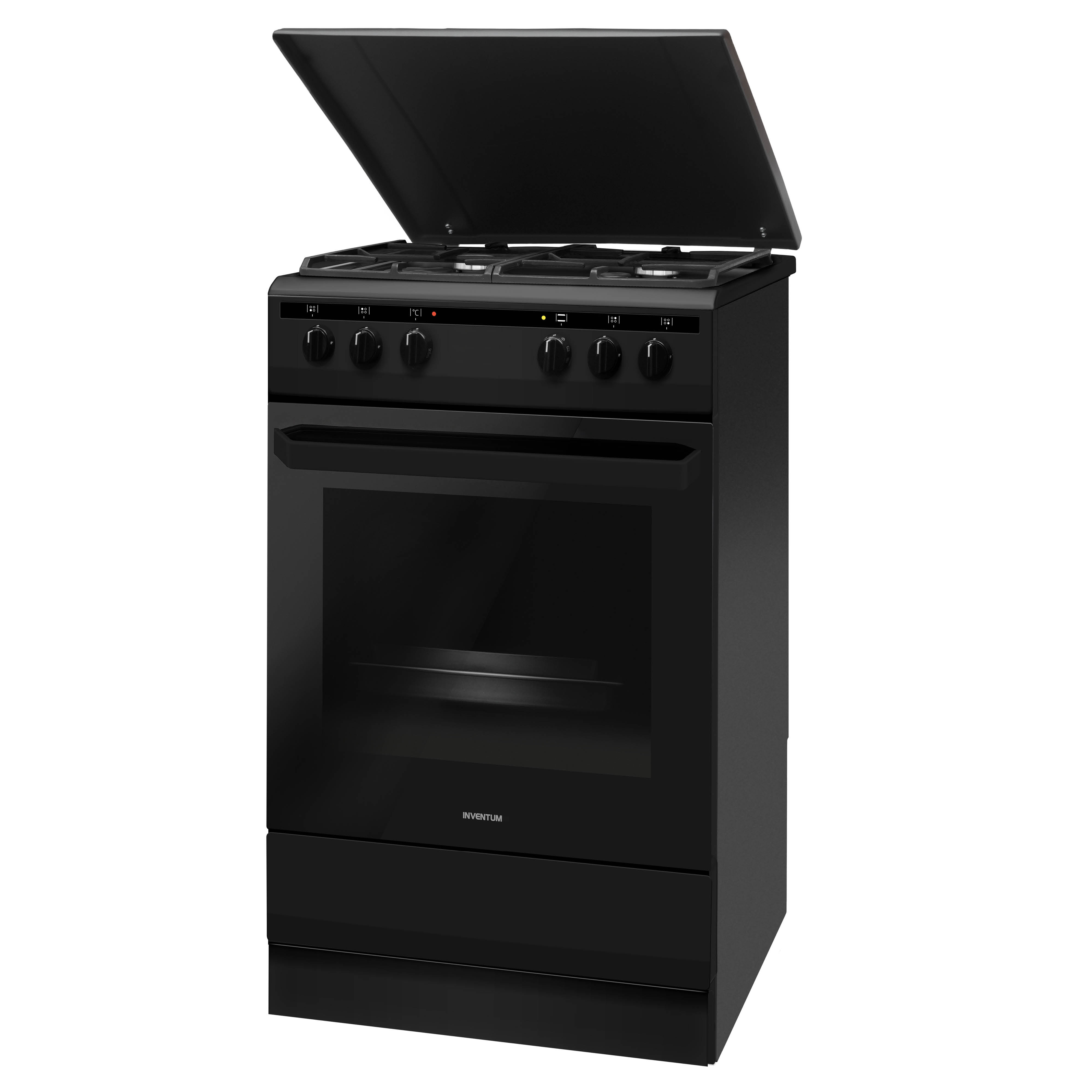 Zwarte oven met een open deksel. De oven heeft een glazen deur en knoppen voor het fornuis.