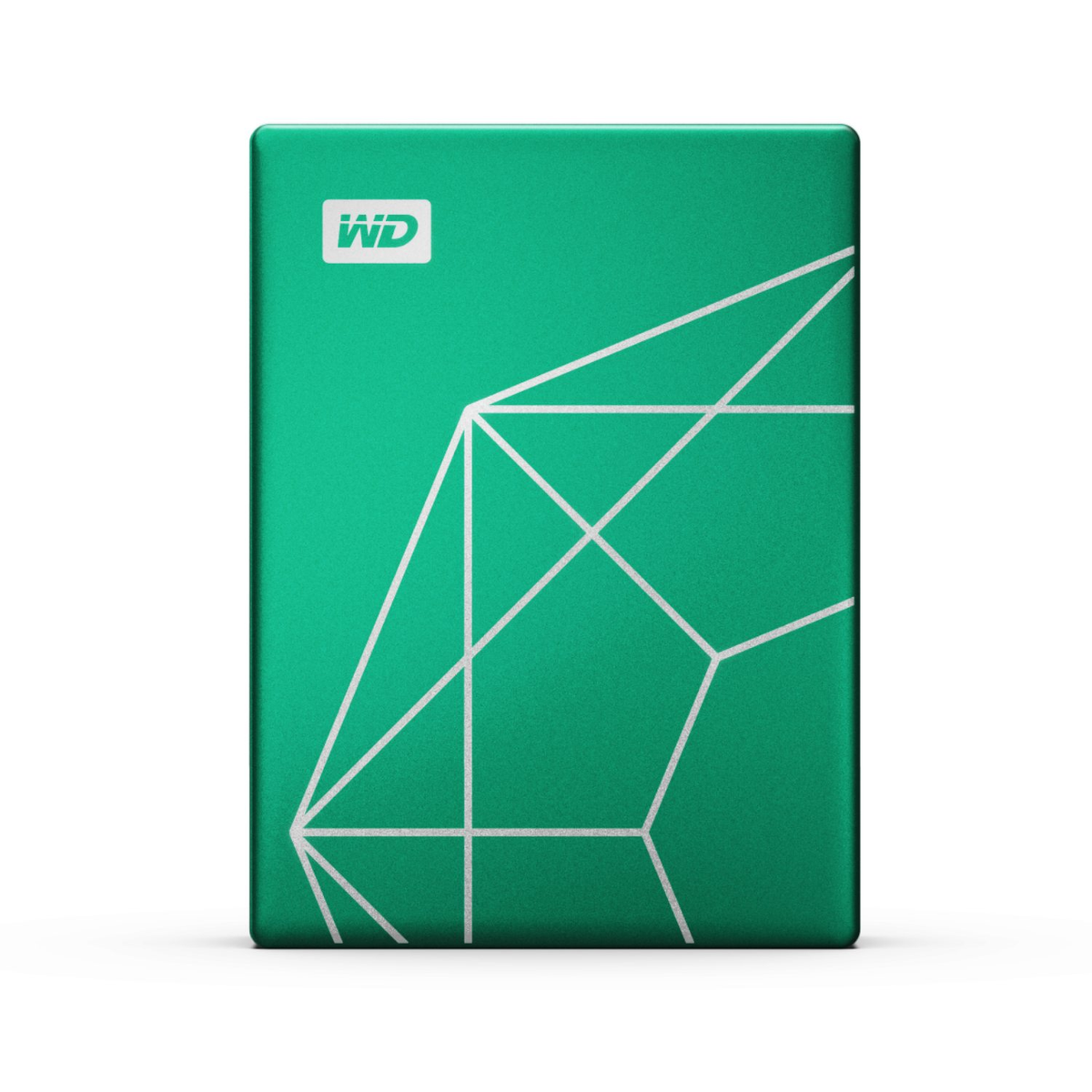 Zielony zewnętrzny dysk twardy z białymi geometrycznymi liniami na powierzchni, na białym tle.