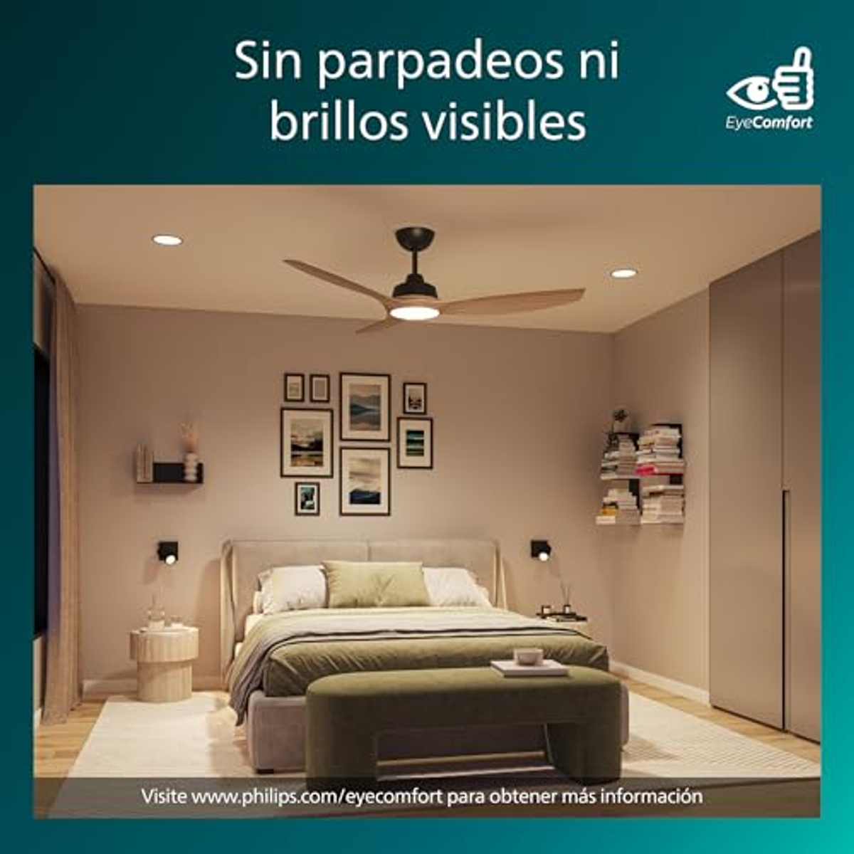 Dormitorio iluminado con luces Philips EyeComfort. Se ven la cama, el ventilador de techo, obras de arte y muebles.