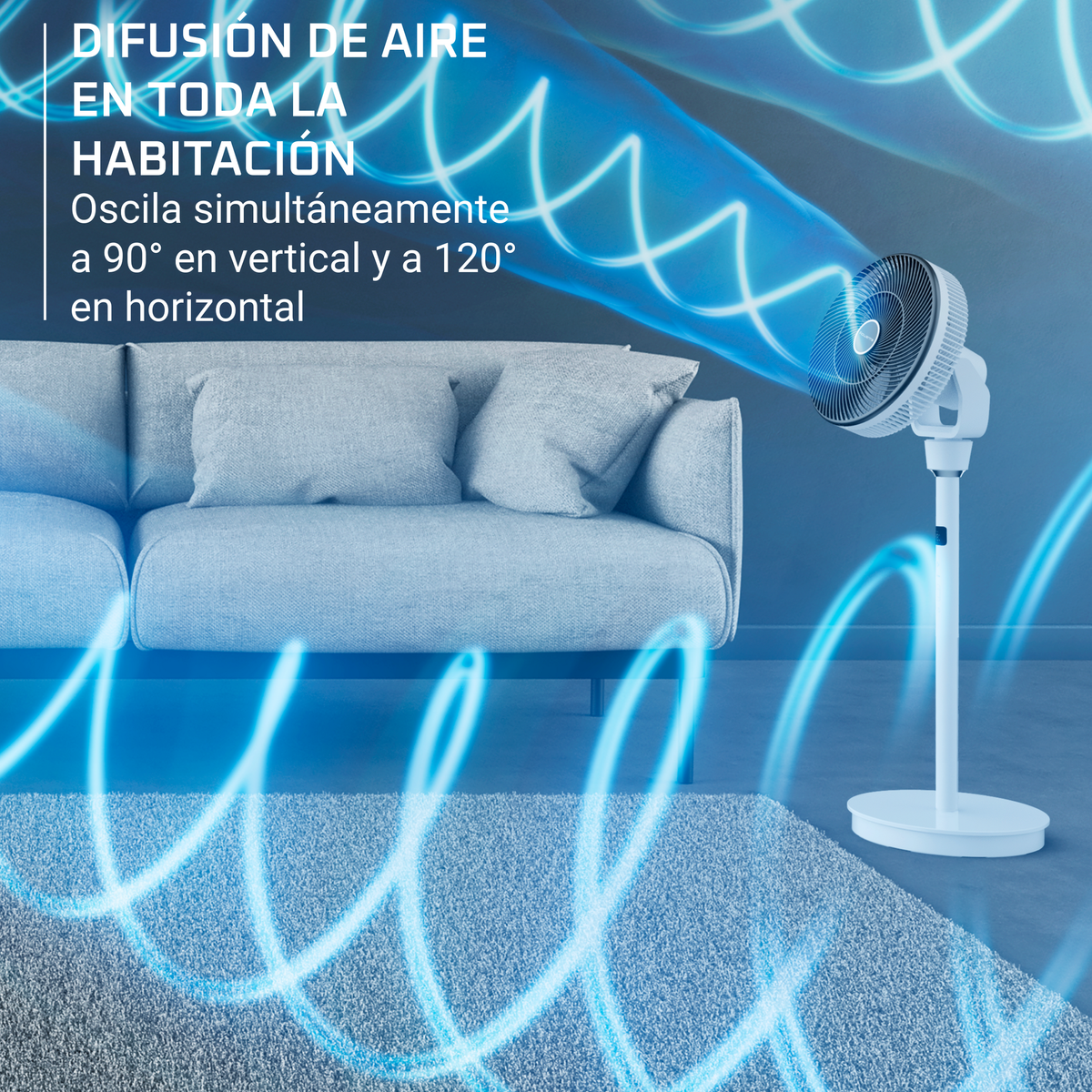 Biały wentylator na statywie emituje niebieskie faliste linie w pokoju z sofą i dywanem.