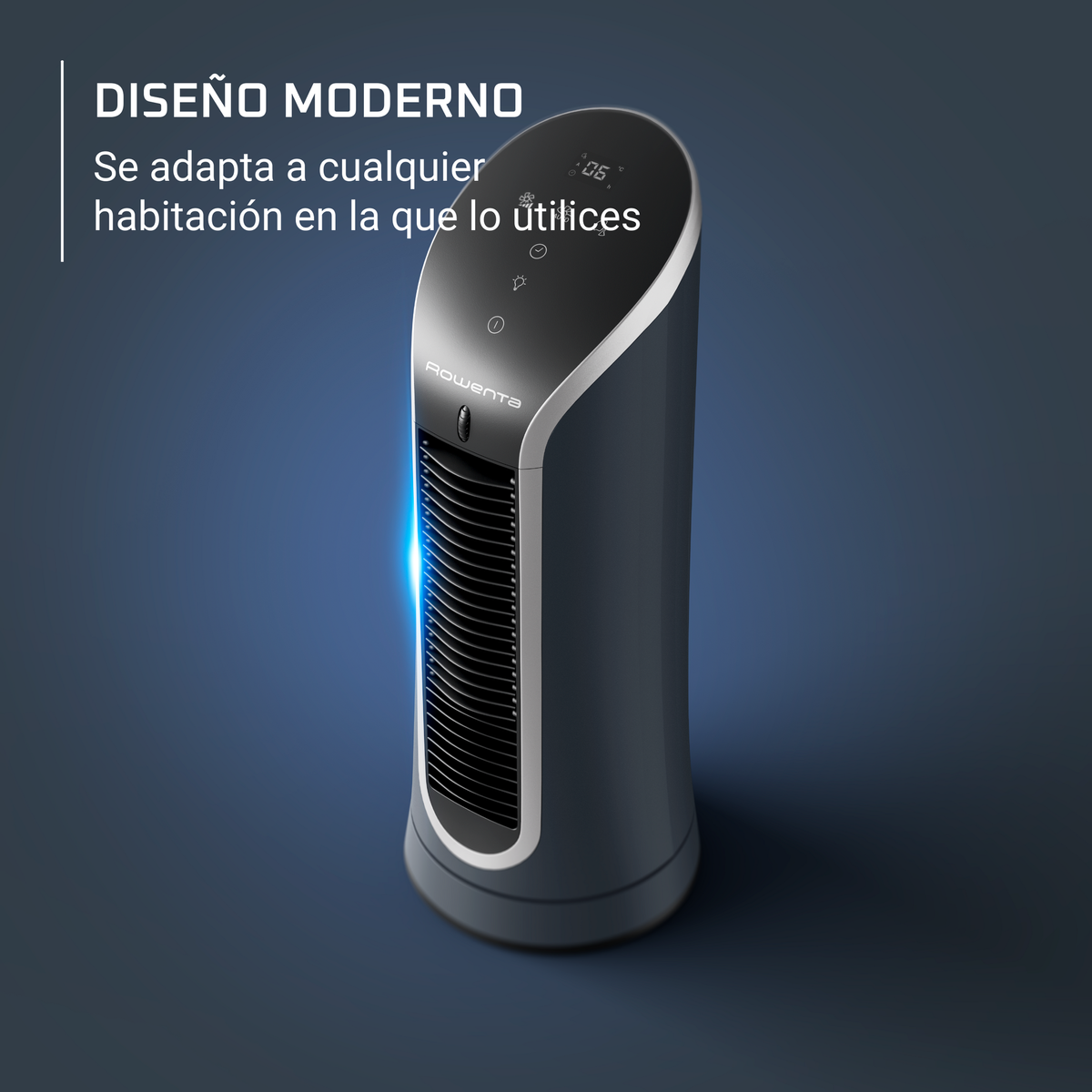 Nowoczesny, czarno-szary oczyszczacz powietrza. Niebieskie światło z przodu. Tekst: 'ROWENTA'.