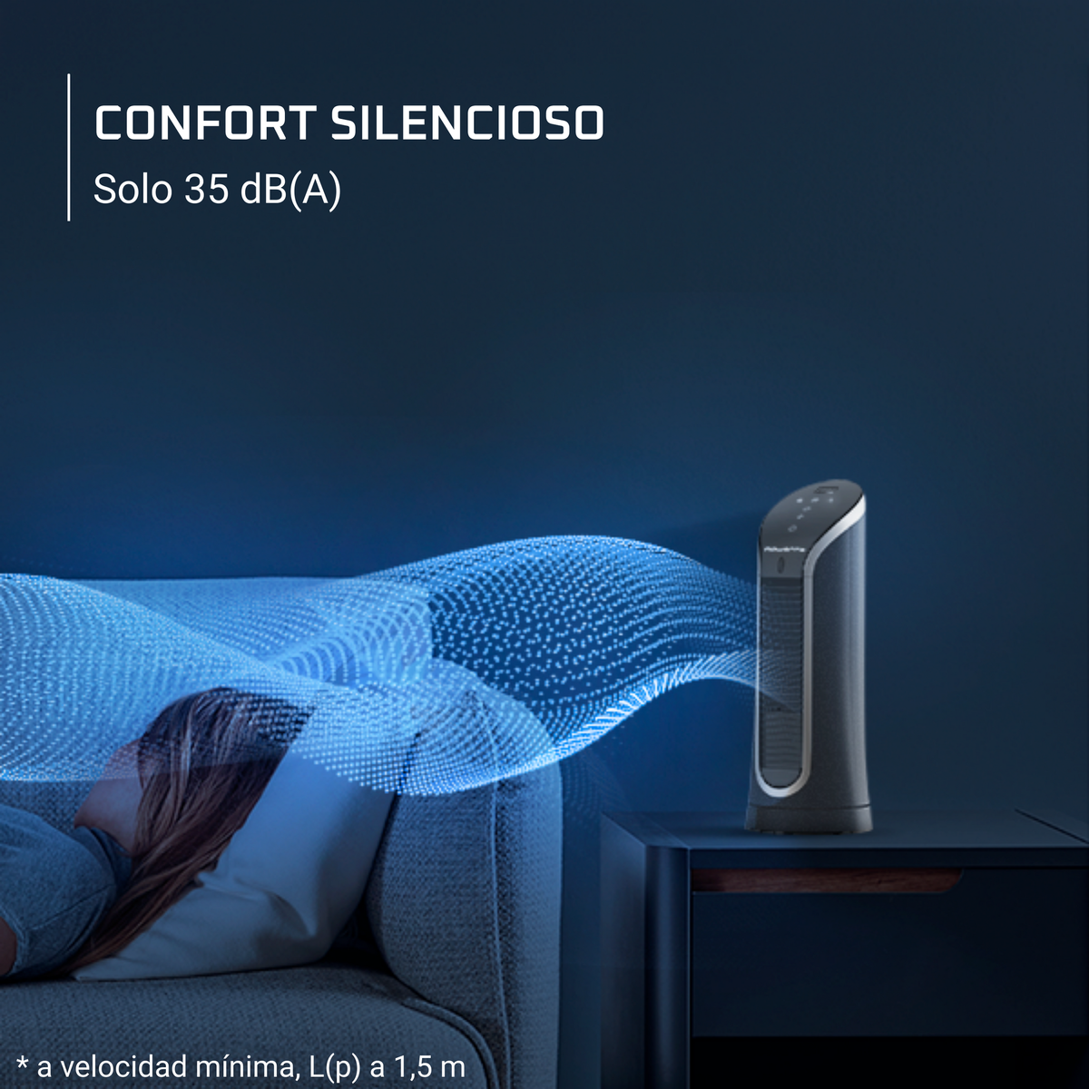 Czarno-szary oczyszczacz powietrza ze śpiącą osobą i tekstem o cichym komforcie.