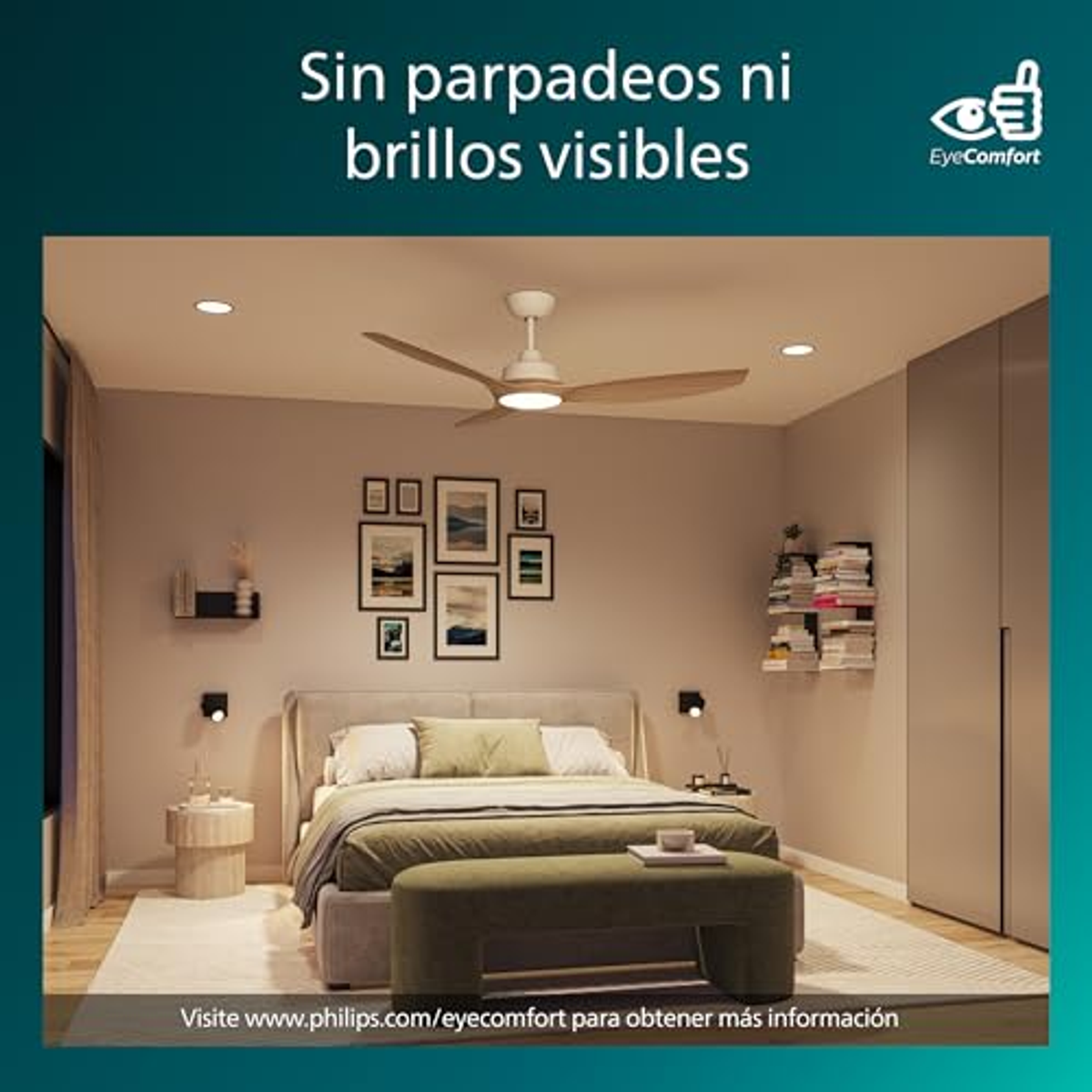 Un dormitorio con ventilador de techo, cama y texto sobre comodidad ocular.