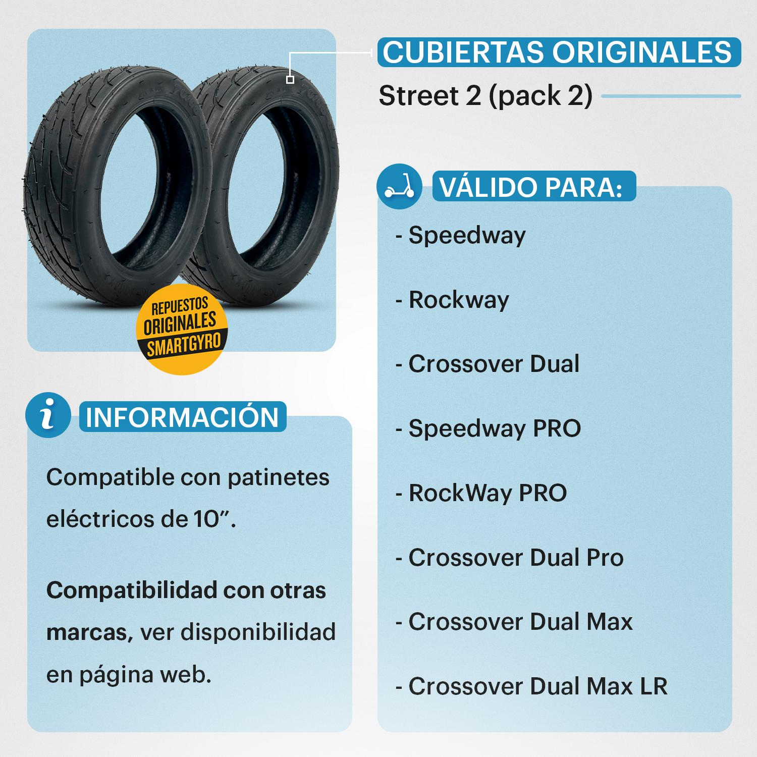 Dos neumáticos de scooter. Los neumáticos son negros. Los neumáticos están etiquetados con texto.