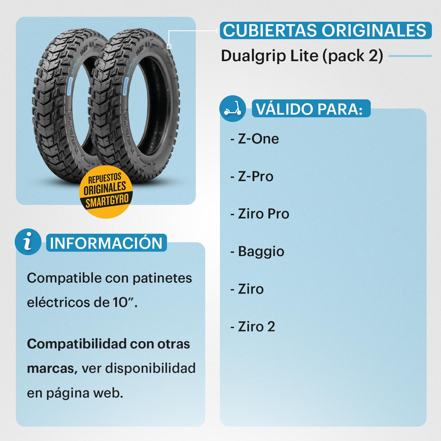 Dos neumáticos negros de moto con dibujo rugoso y texto complementario en español.