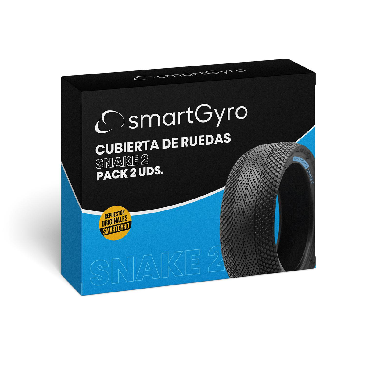Una caja negra con un neumático. El texto dice "smartGyro" y "Snake 2".