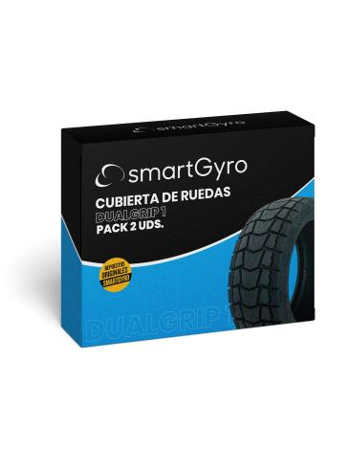 Caja negra y azul para neumáticos smartGyro, con imagen de neumático.