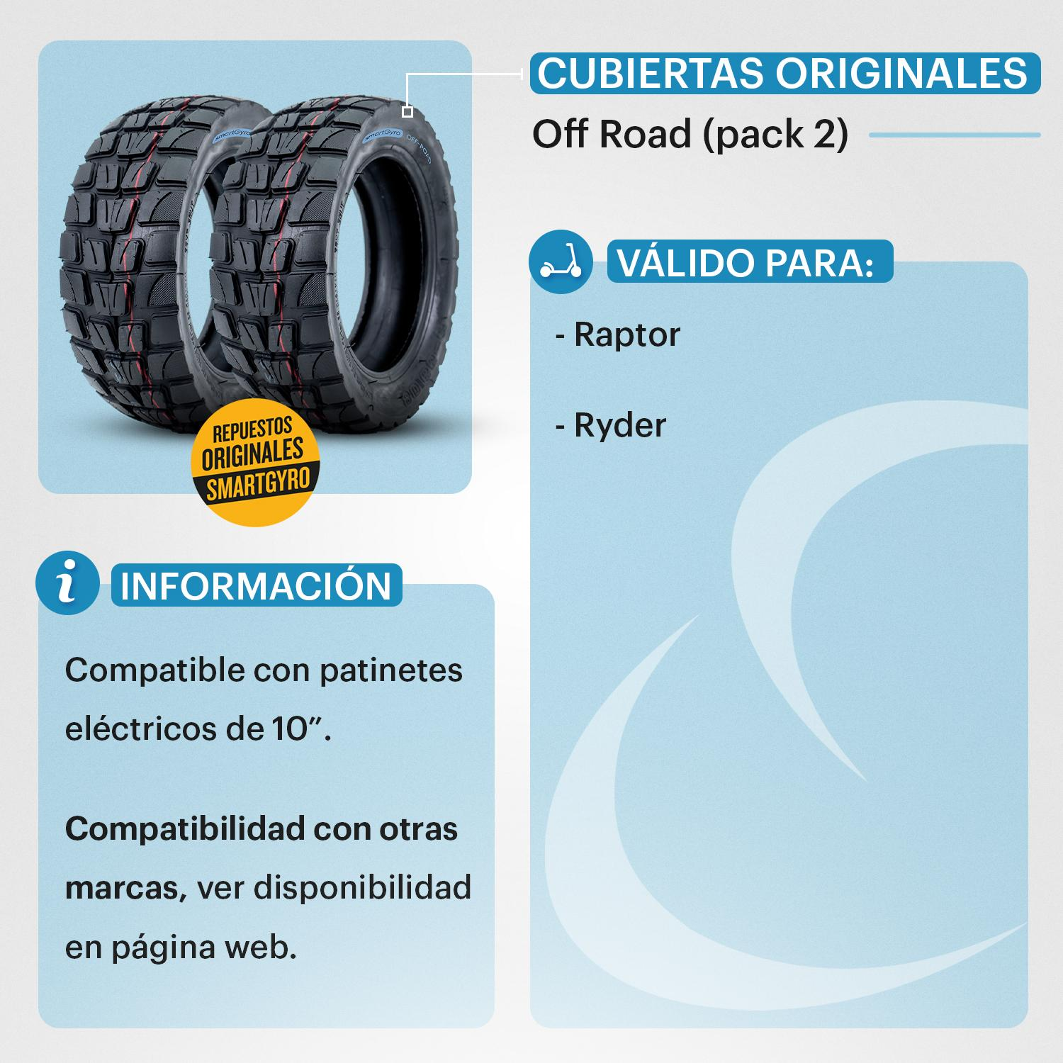 Dos neumáticos todoterreno con información del producto en español.