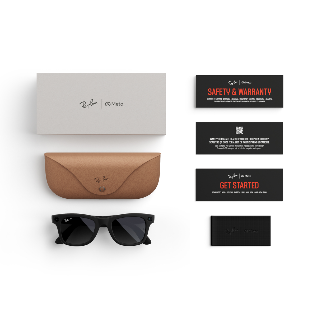 Gafas de sol Ray-Ban Meta con funda y tarjetas. Las gafas son negras, la funda es marrón.