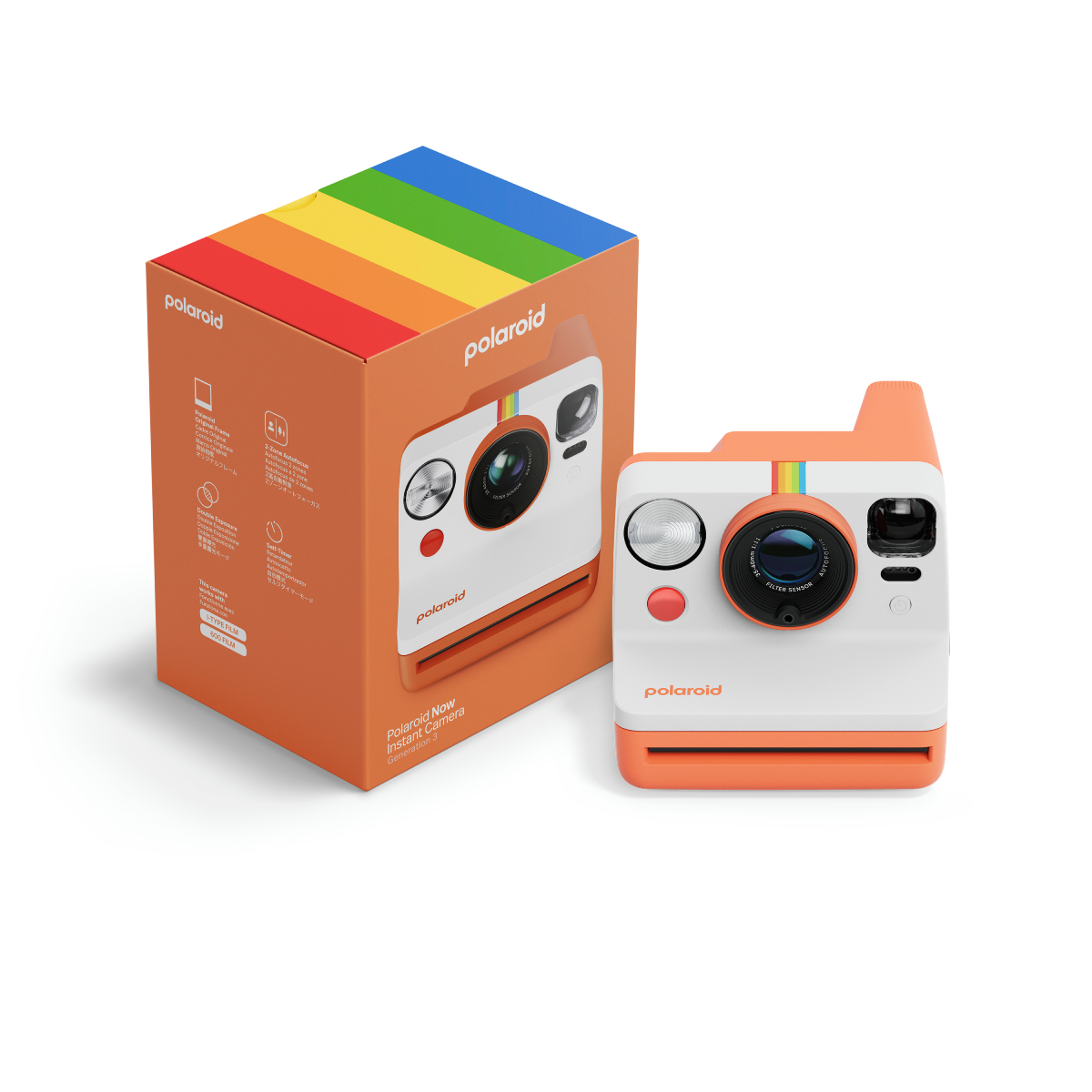 Un appareil photo instantané Polaroid orange et blanc et sa boîte.