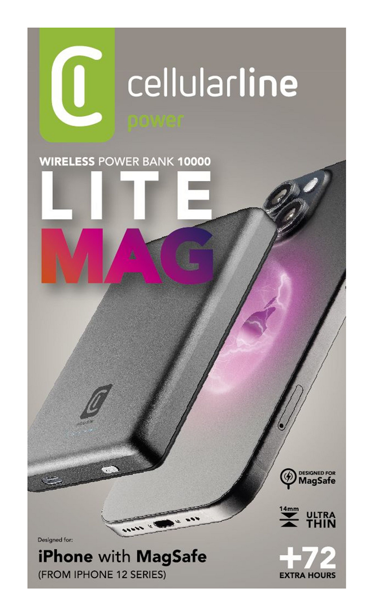 Cellularline Wireless Power Bank Werbung. Schwarze Powerbank und Telefon mit MagSafe. Grauer Hintergrund.