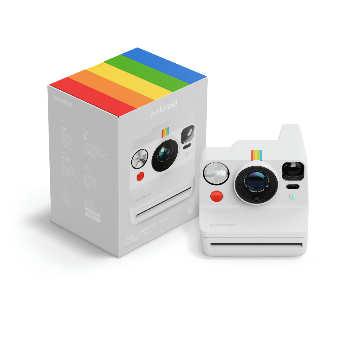 Una fotocamera Polaroid bianca e la sua scatola con un colorato design arcobaleno, su sfondo bianco.