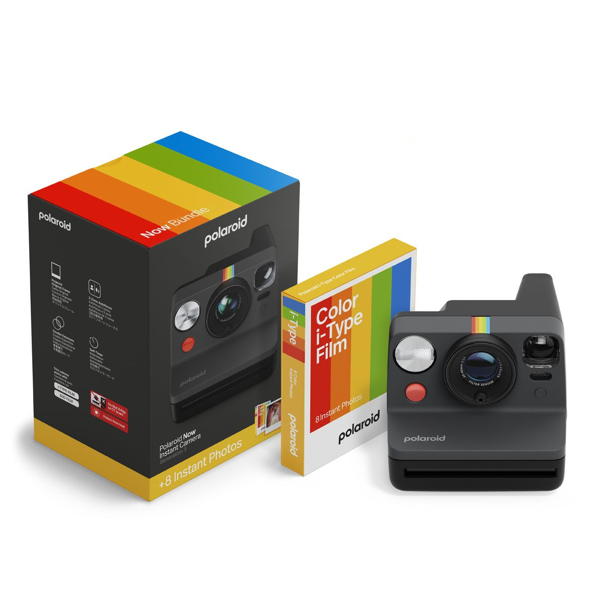 Ensemble d'appareil photo instantané Polaroid Now avec boîte de film. Appareil photo noir avec rayure arc-en-ciel et boîte de film.