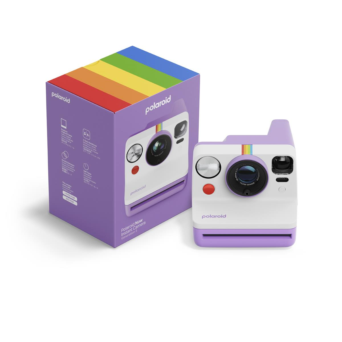 Fotocamera istantanea Polaroid e scatola, viola e bianca.