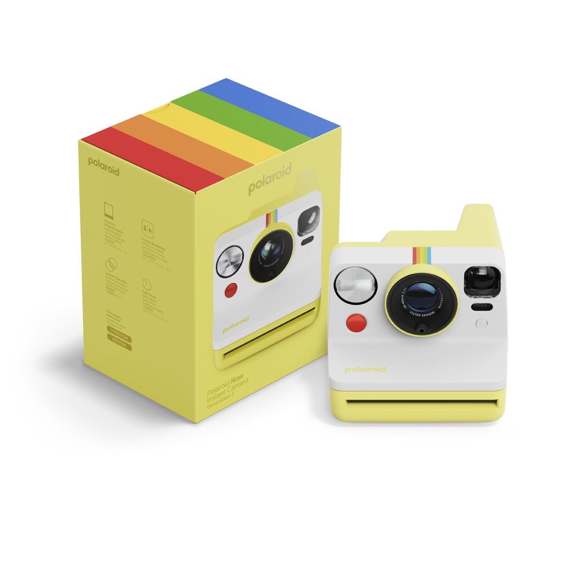 Appareil photo Polaroid avec boîte. L'appareil est jaune et blanc, avec un design arc-en-ciel sur la boîte.