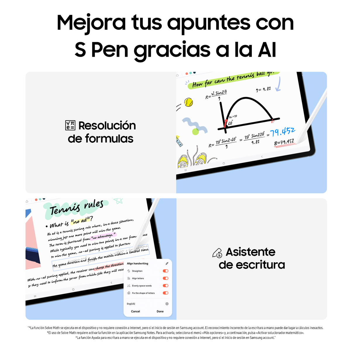 Ekran tabletu wyświetlający notatki i wzory, ze rysikiem i tekstem po hiszpańsku.