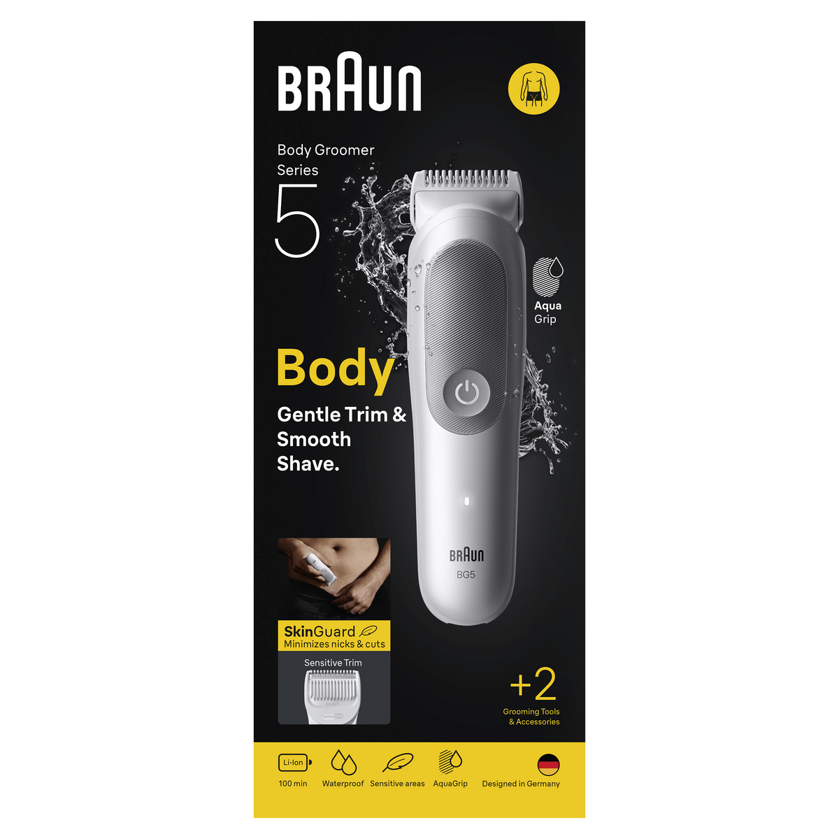 Trymer do ciała Braun Series 5, biało-szary, z rozpryskami wody, na czarnym tle.