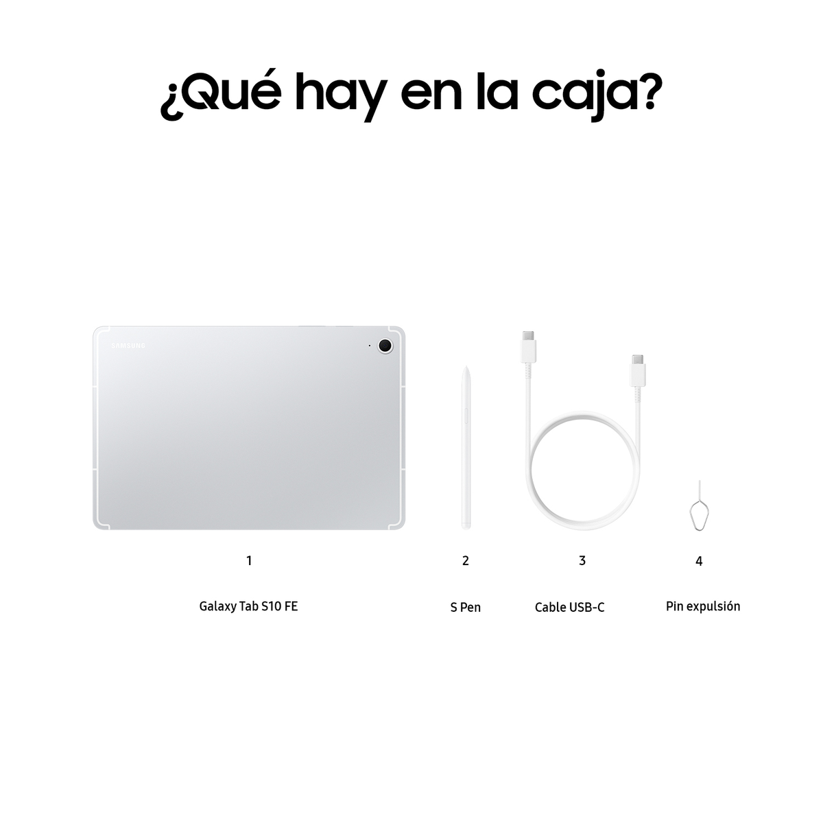 Biały tablet Samsung z akcesoriami: S Pen, kablem USB-C i szpilką do wysuwania.