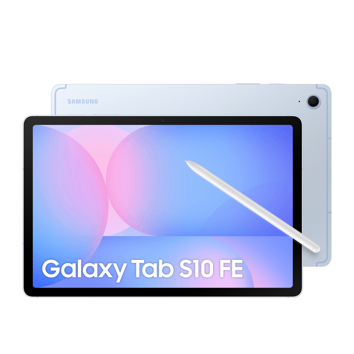 Niebieski tablet Samsung Galaxy z białym rysikiem na czarnym tle.