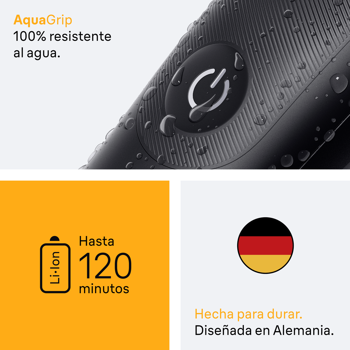 Nahaufnahme eines schwarzen Rasierers mit Wassertropfen, Text über Wasserfestigkeit und Akkulaufzeit.