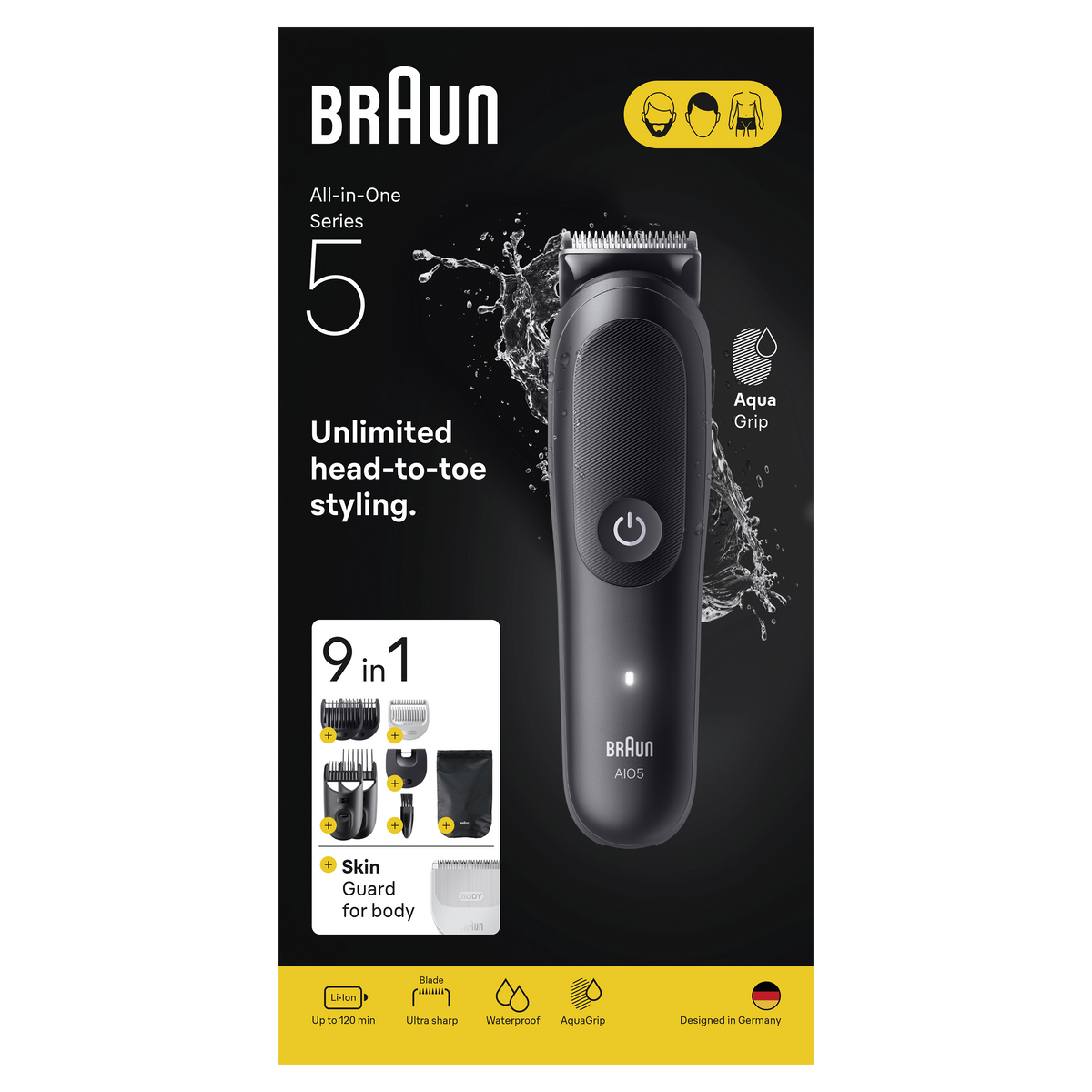 Schwarzer Braun Series 5 Trimmer mit Zubehör auf schwarzem und weißem Hintergrund.