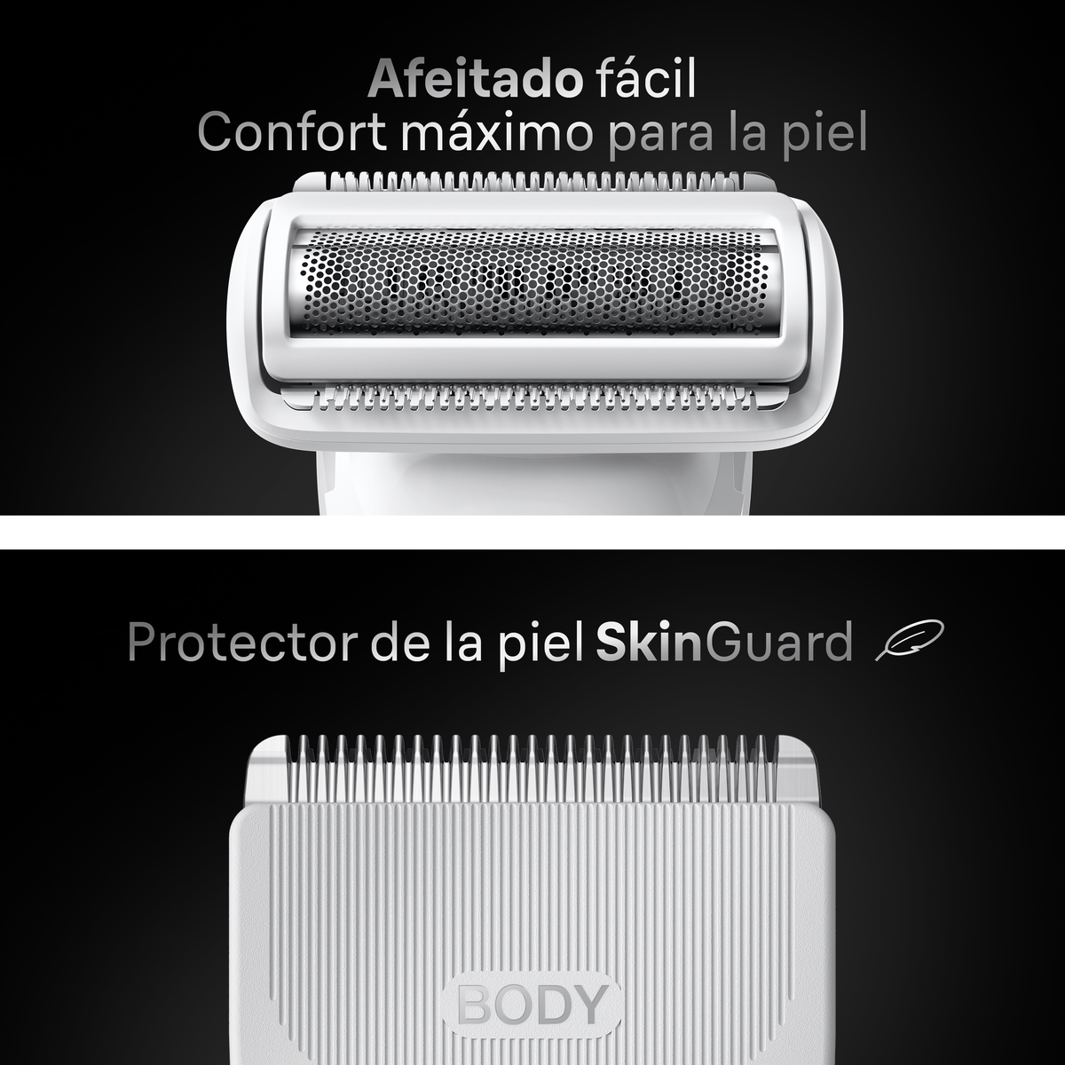 Close-up of a white electric shaver head and a skin guard, with text about comfort and protection.