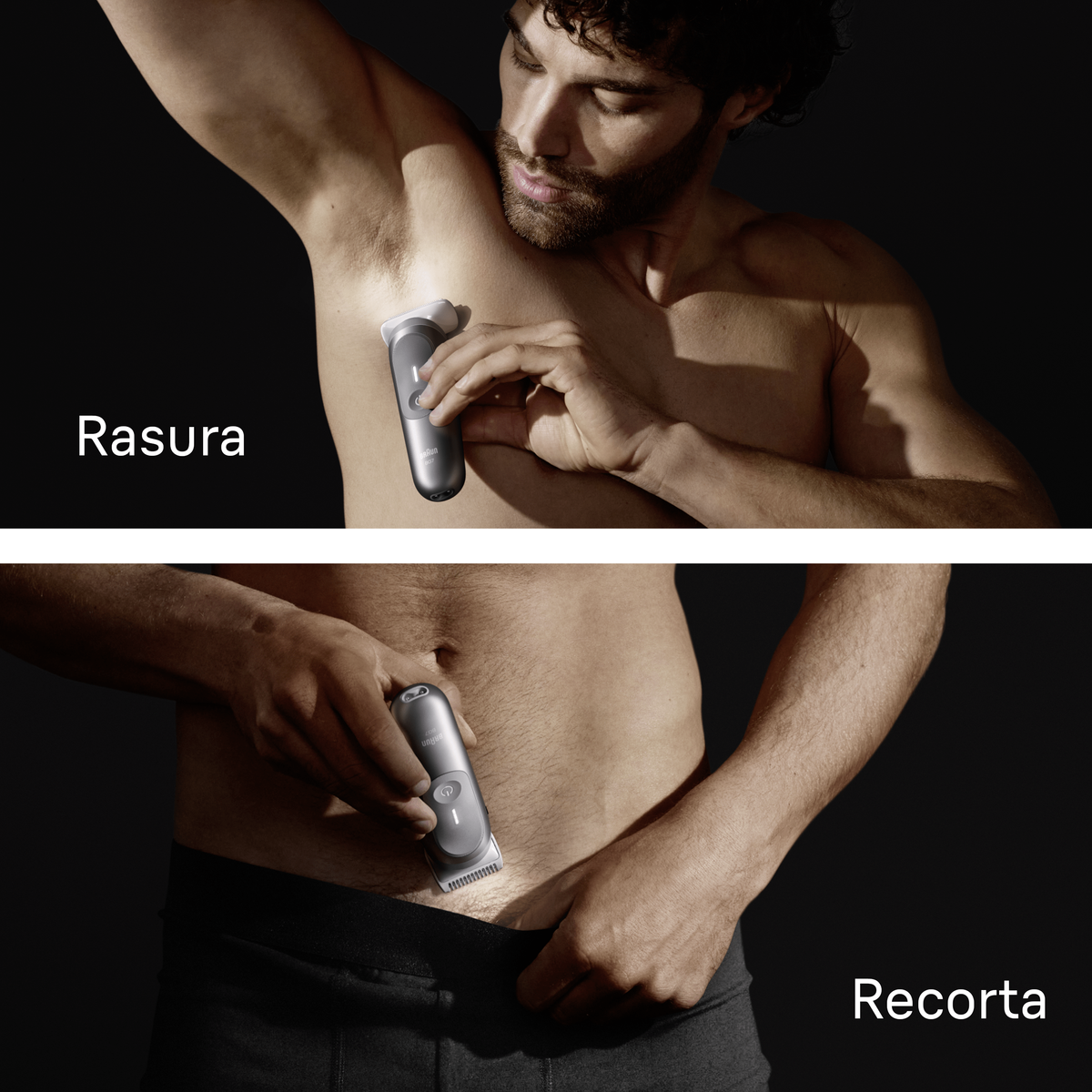 Man shaving armpit and groin with a trimmer. Both images show the use of a trimmer for hair removal.