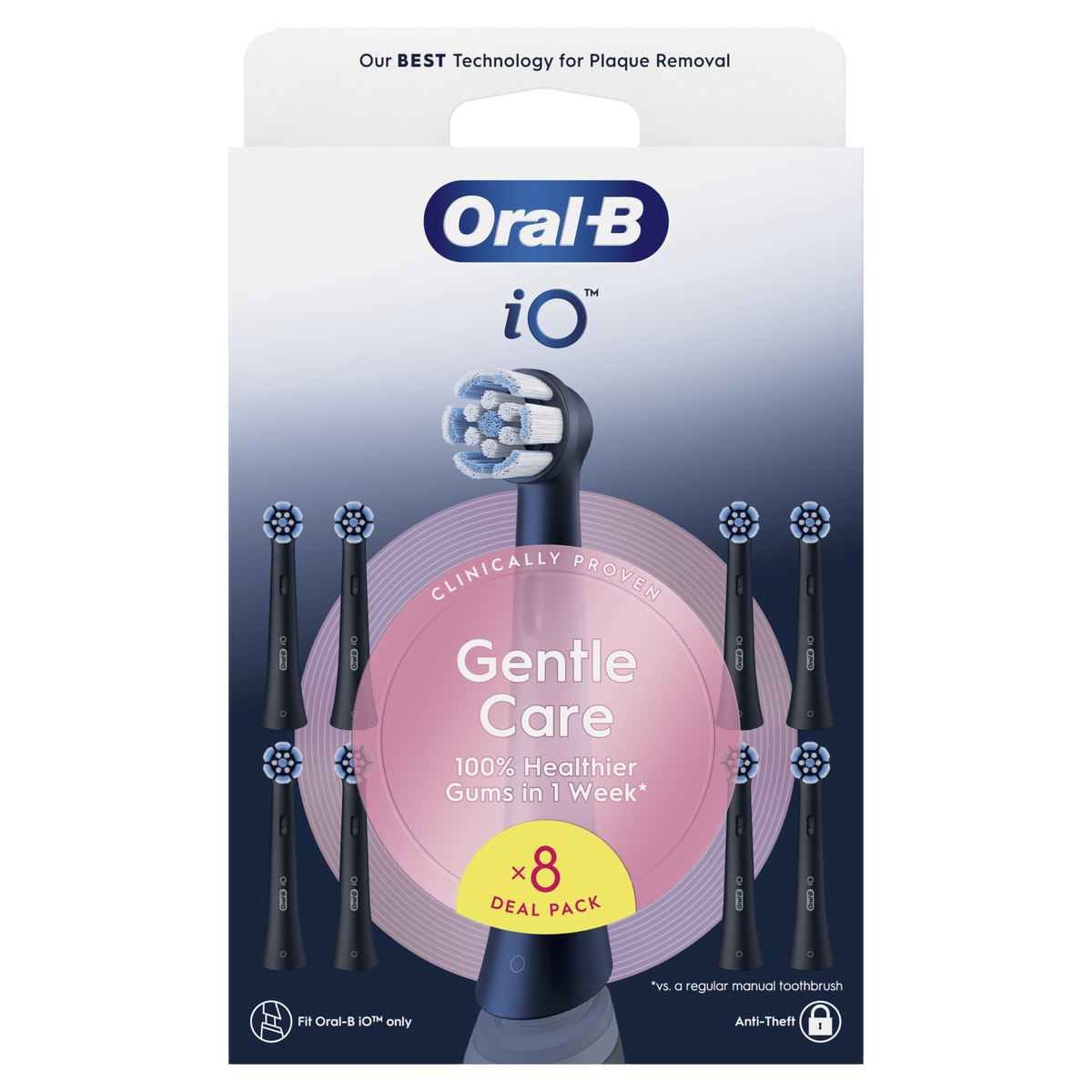 Końcówki do szczoteczki Oral-B iO, opakowanie 8 szt., z różowym tłem i tekstem.