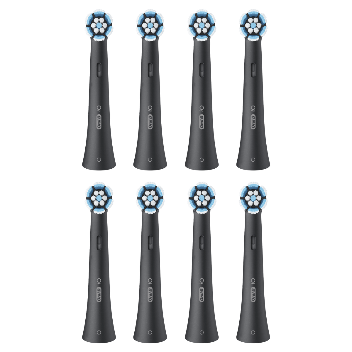 Osiem czarnych końcówek do szczoteczki Oral-B iO ułożonych w dwóch rzędach. Widoczne włosie.