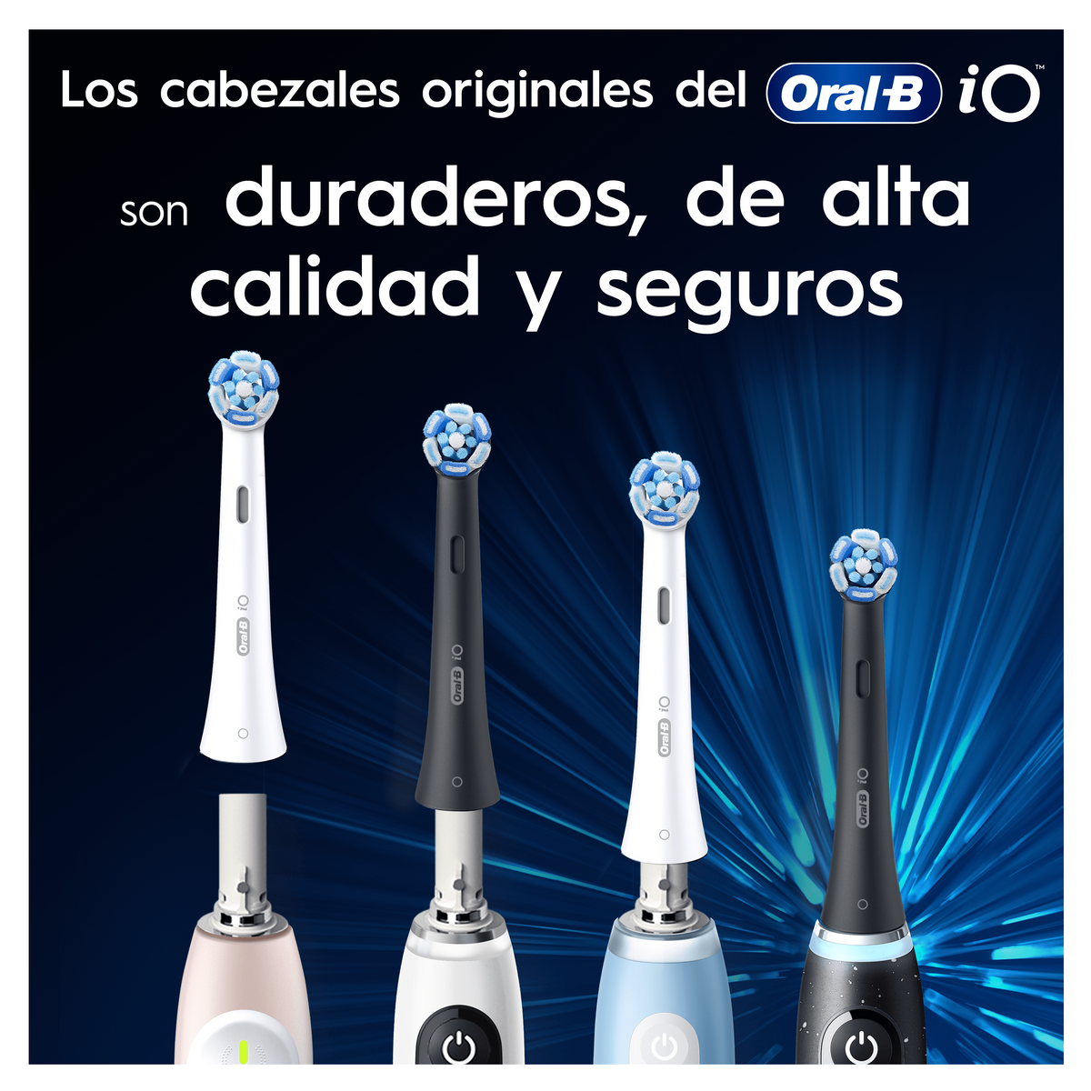 Vier Oral-B iO Zahnbürstenköpfe. Sie sind in verschiedenen Farben und Designs.