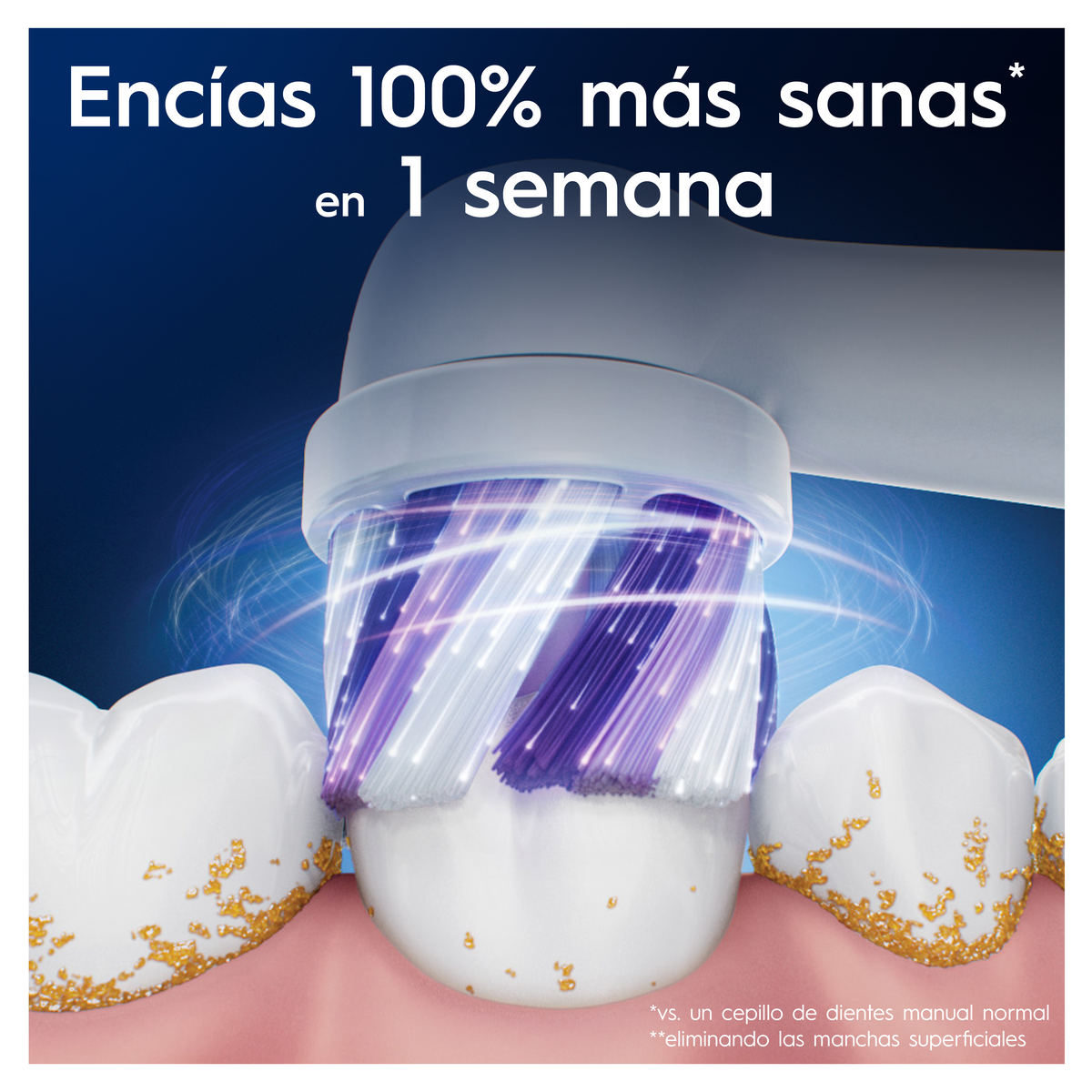 Primo piano della testina di uno spazzolino che pulisce i denti. Testo: Gengive 100% più sane in 1 settimana.