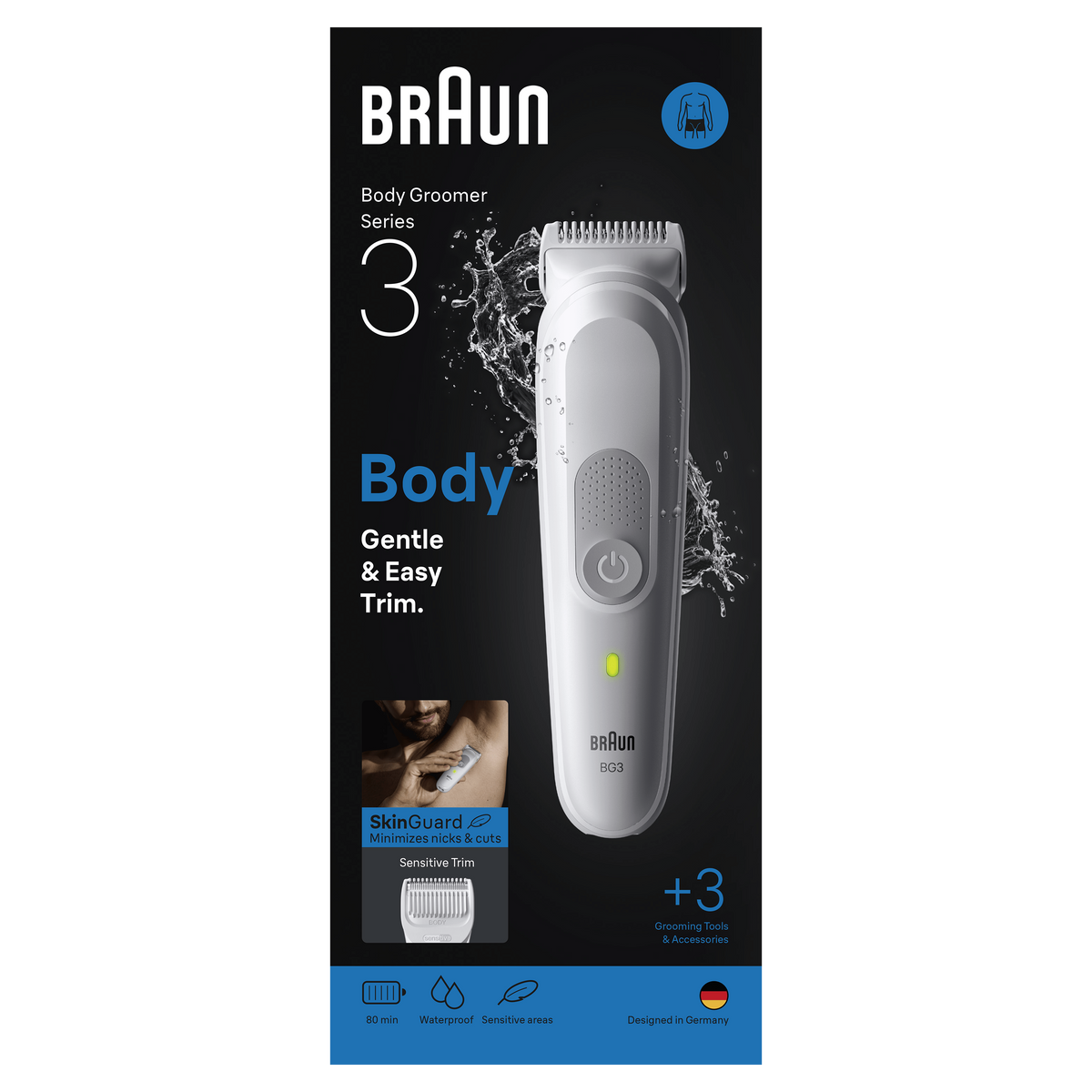Braun Series 3 Body Groomer Box, Produktaufnahme mit Trimmer und Wasser.
